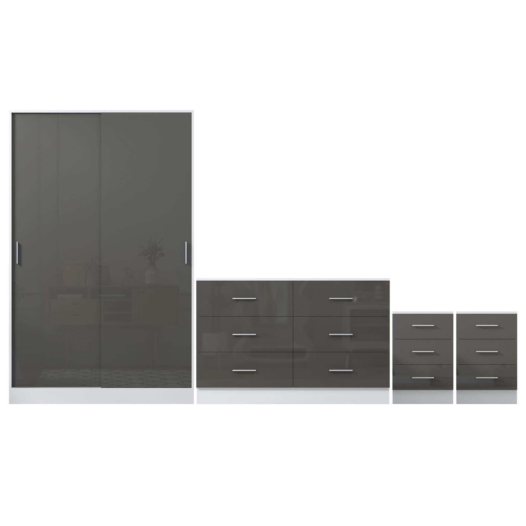 Reflect 2 Door Sliding Wardrobe, 6 Drawer Wide Chest, 2x3 Drawer Bedsides - Grey Gloss & Matt White - Modern Bedroom Furniture Set