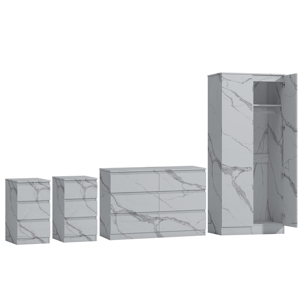 ZITA 4pc Set - 2 Door Wardrobe + Wide Chest + 2 Bedsides in White OR Grey Marble