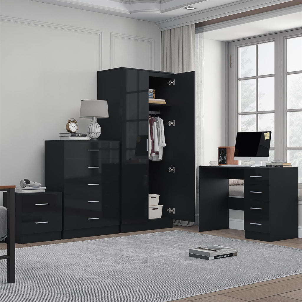 Reflect 2 Door Mirror Wardrobe, 5 Drawer Chest, 2 Drawer Bedside & Desk - Black Gloss & Black Oak - Modern Bedroom Furniture Set
