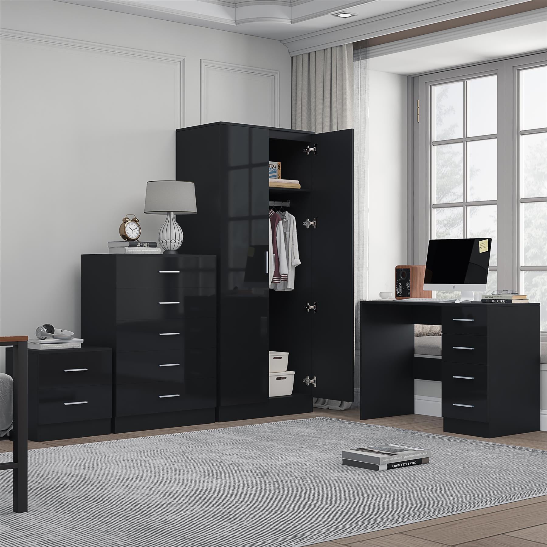 Reflect 2 Door Mirror Wardrobe, 5 Drawer Chest, 2 Drawer Bedside & Desk - Black Gloss & Black Oak - Modern Bedroom Furniture Set