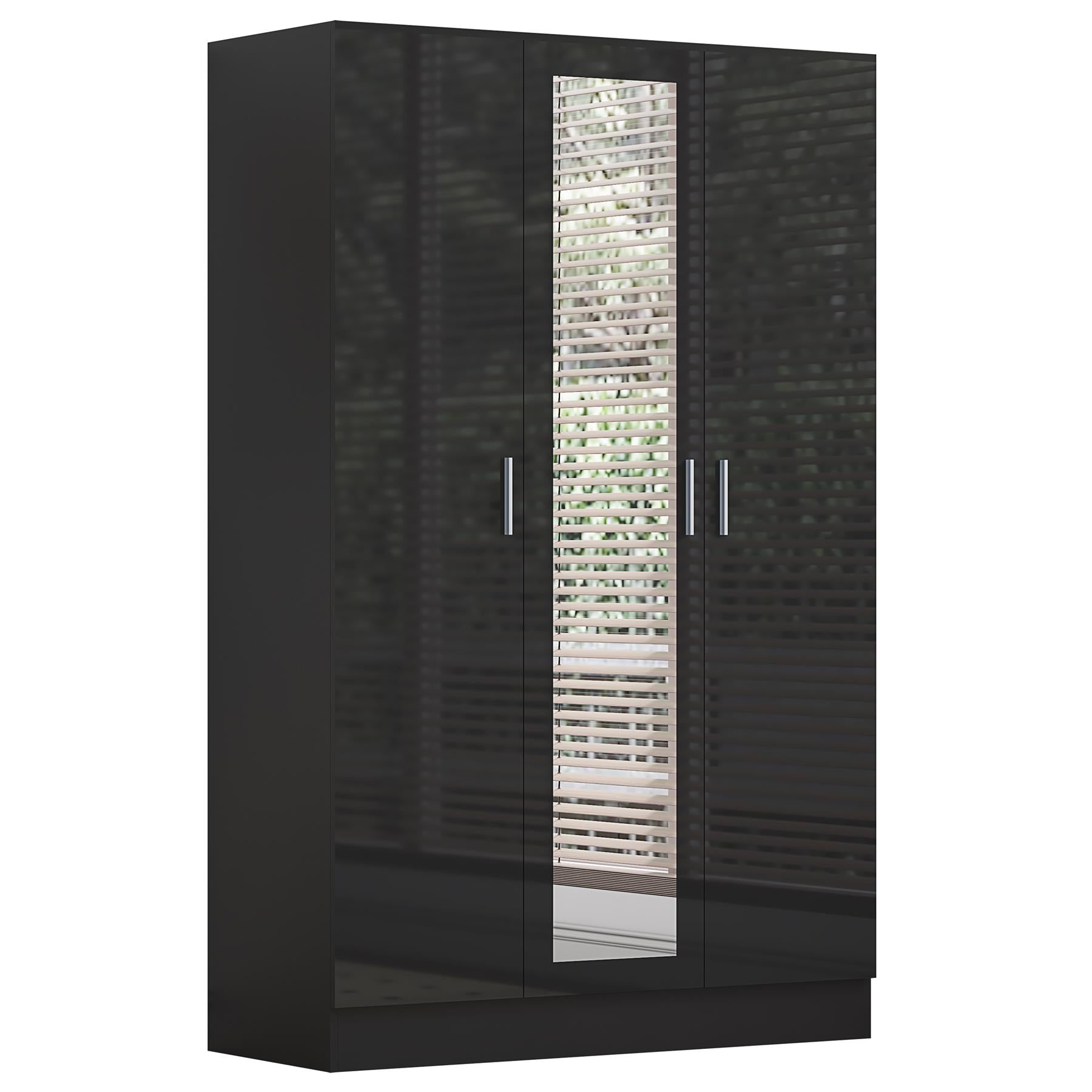 REFLECT Gloss 3pc Set - 3 Door Mirrored Wardrobe + 5 Draw Chest + Bedside