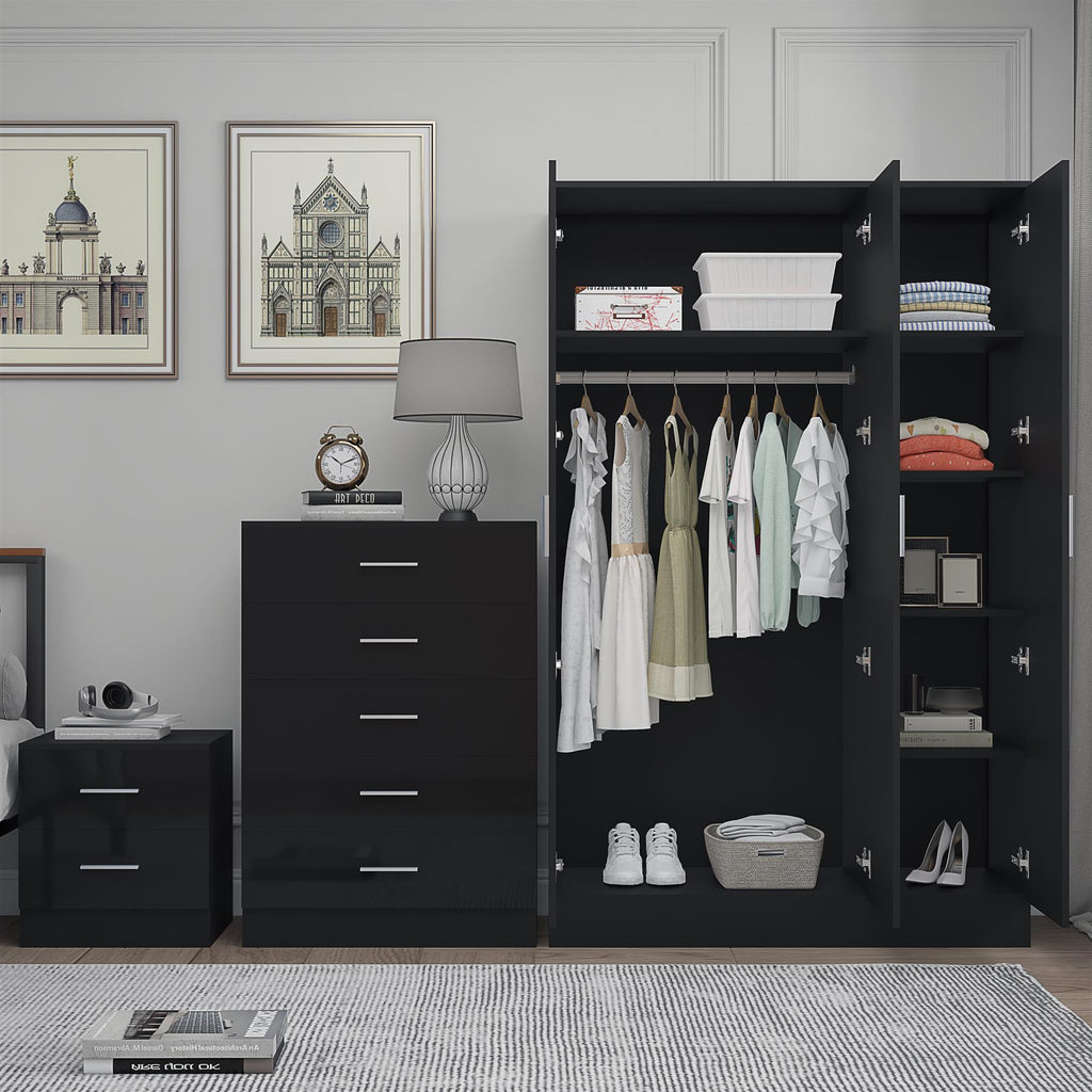 REFLECT Gloss 3pc Set - 3 Door Mirrored Wardrobe + 5 Draw Chest + Bedside