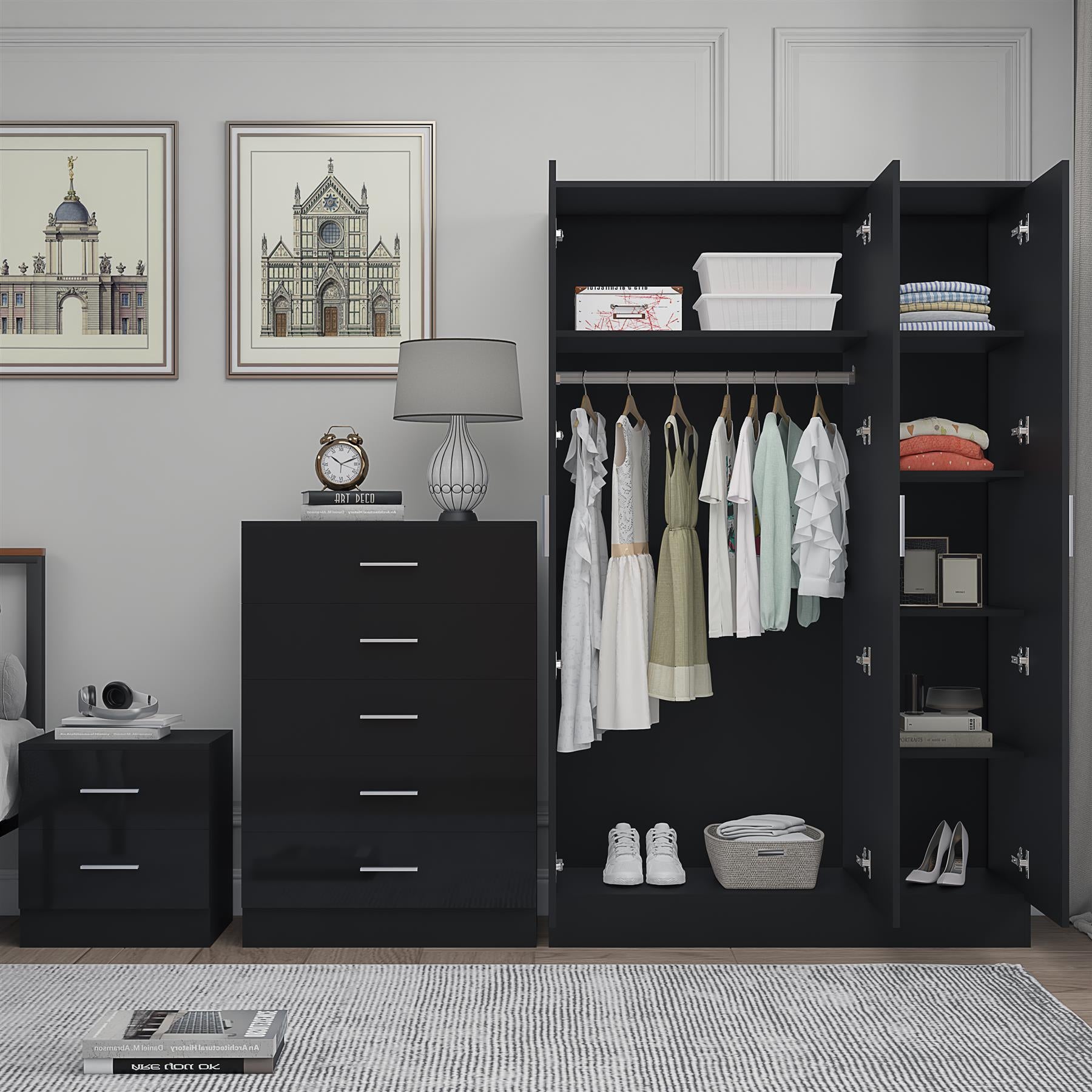 REFLECT Gloss 3pc Set - 3 Door Mirrored Wardrobe + 5 Draw Chest + Bedside