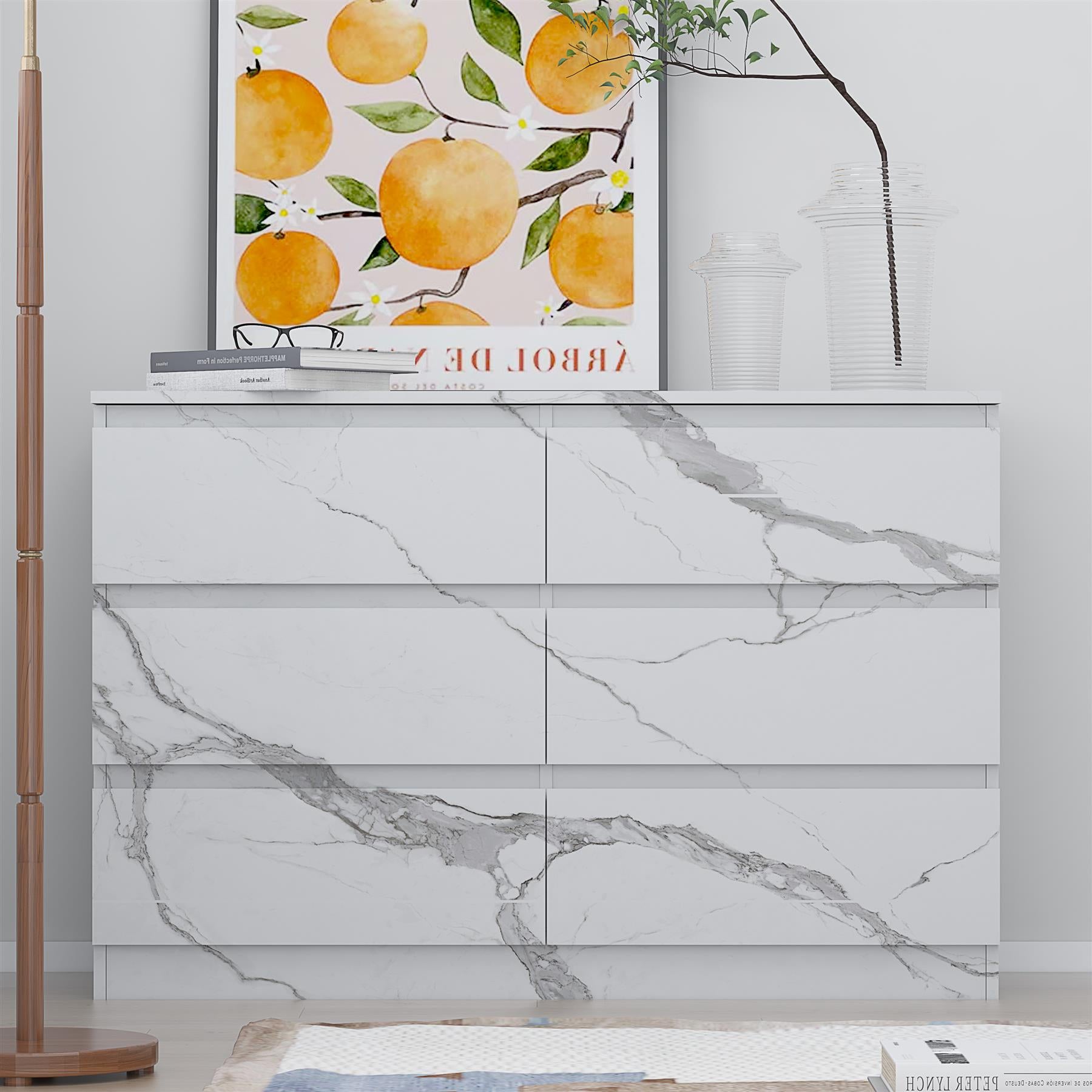 ZITA 6 Drawer Chest - White Marble Effect Wide Storage Unit