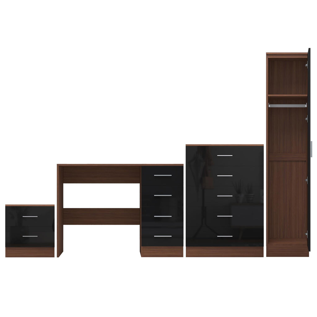 Reflect 1 Door Plain Wardrobe, 5 Drawer Chest, 2 Drawer Bedside & Desk - Black Gloss & Walnut - Bedroom Furniture Set