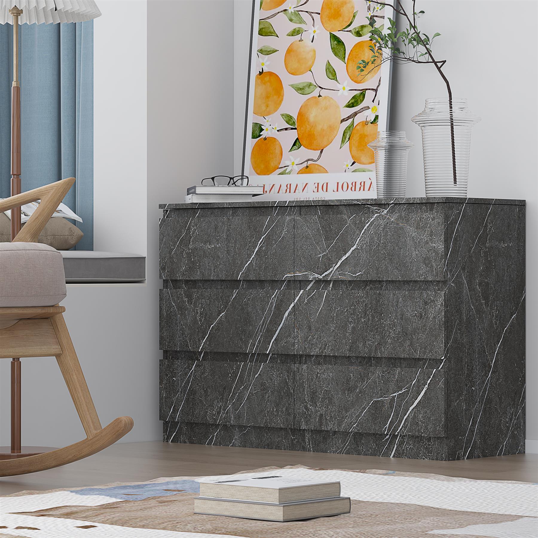 ZITA Grey Marble Effect 6 Drawer Chest - Wide Storage Unit, (L) 40cm x (W) 112cm x (H) 75cm, Stylish Bedroom Storage
