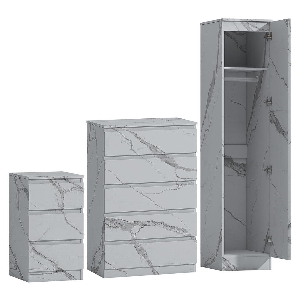 ZITA 3pc Set - 1 Door Wardrobe + Tall Chest + Bedside in White OR Grey Marble