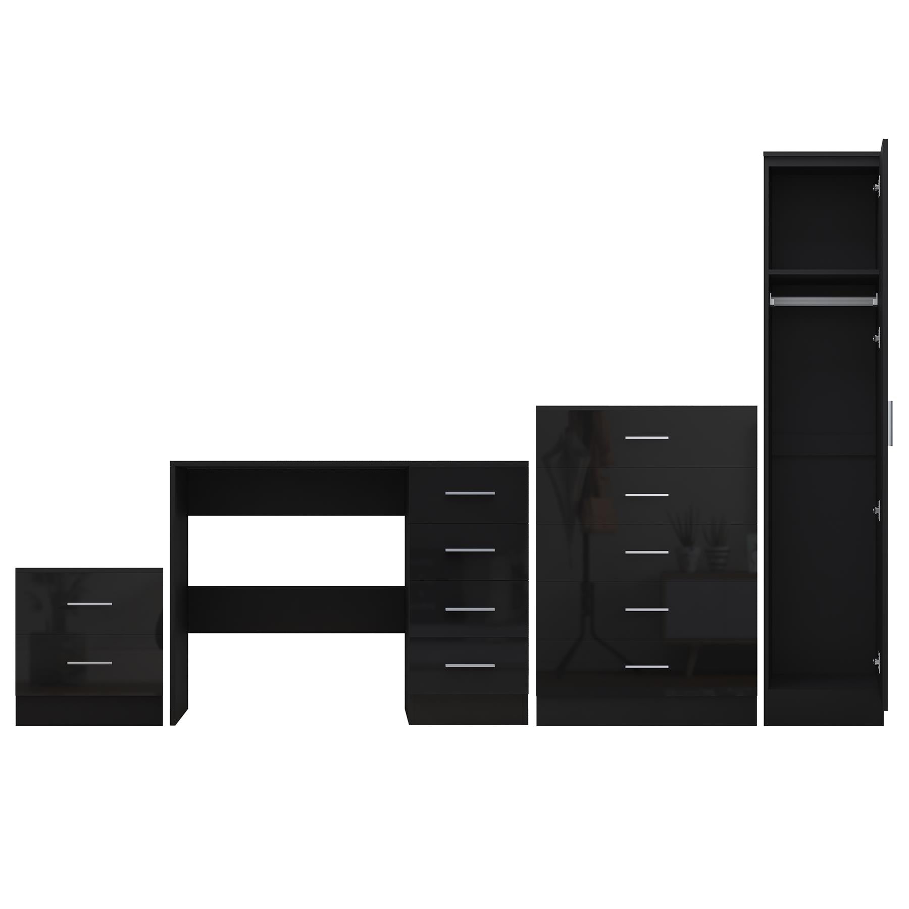 REFLECT Gloss 4pc Bedroom Set - 1 Door Wardrobe + 5 Draw Chest + Bedside + Desk