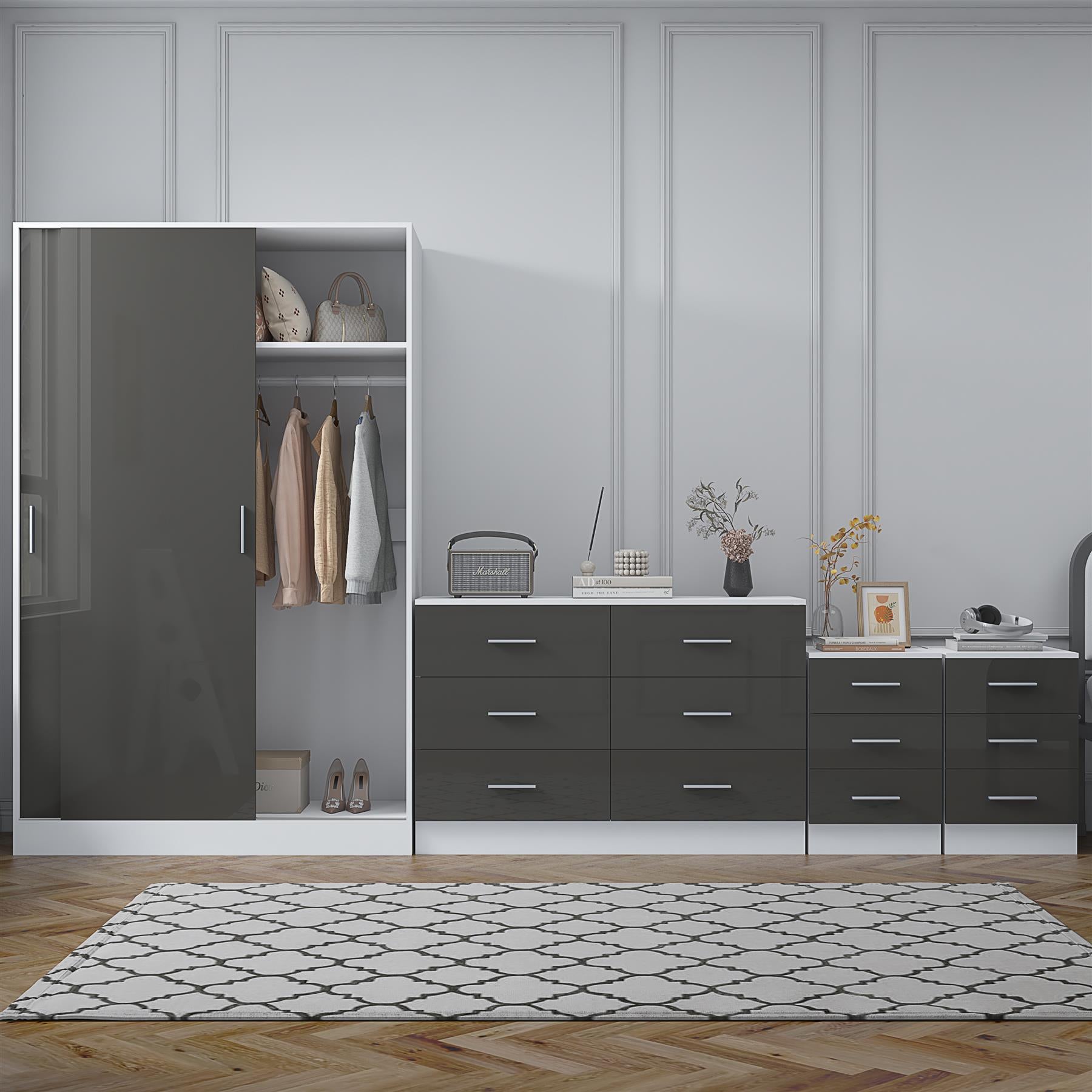 Reflect 2 Door Sliding Wardrobe, 6 Drawer Wide Chest, 2x3 Drawer Bedsides - Grey Gloss & Matt White - Modern Bedroom Furniture Set