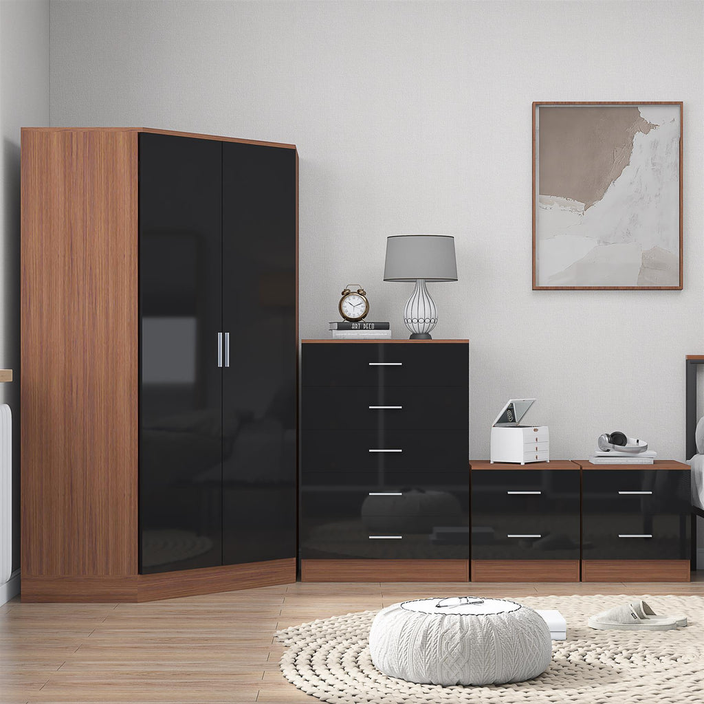 Reflect 2 Door Corner Wardrobe, 5 Drawer Chest, 2x 2 Drawer Bedsides - Black Gloss & Walnut - Bedroom Furniture Set