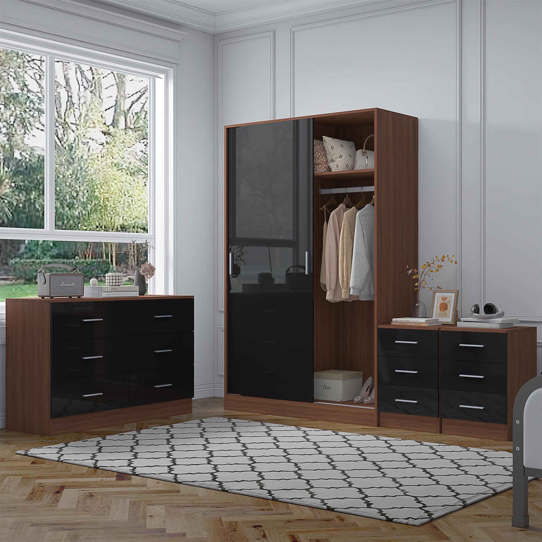 Reflect 2 Door Sliding Wardrobe, 6 Drawer Wide Chest, 2x 3 Drawer Bedsides - Black Gloss & Walnut - Modern Bedroom Furniture Set