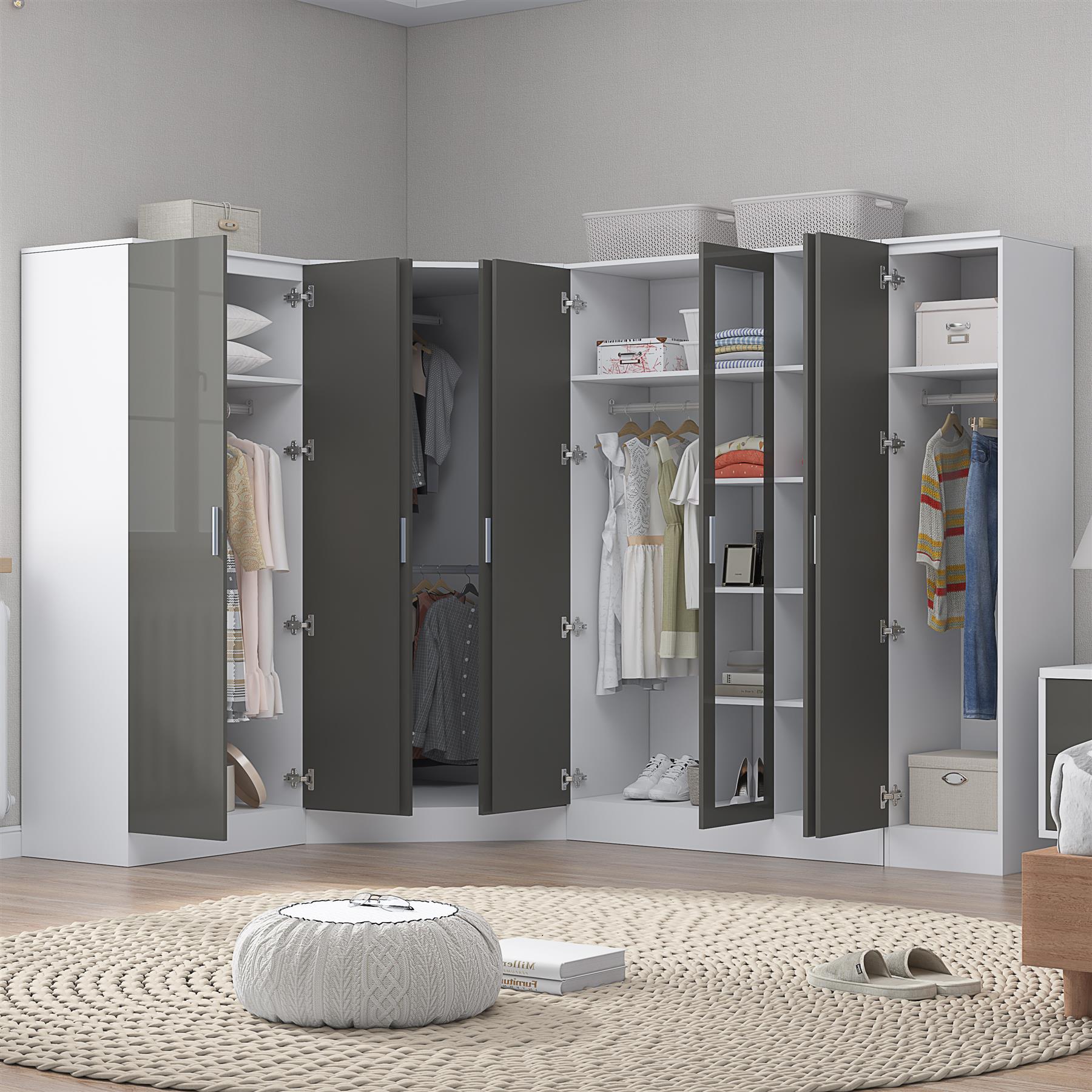 REFLECT Gloss Large 8 Door Corner Mirror Wardrobe Bedroom Furniture Bundle Set