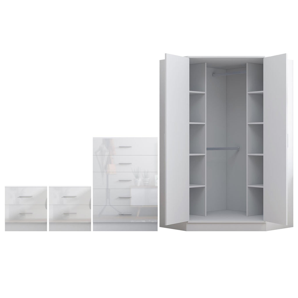 Reflect 2 Door Corner Wardrobe, 5 Drawer Chest, 2x 2 Drawer Bedsides - White Gloss & Matt White - Bedroom Furniture Set