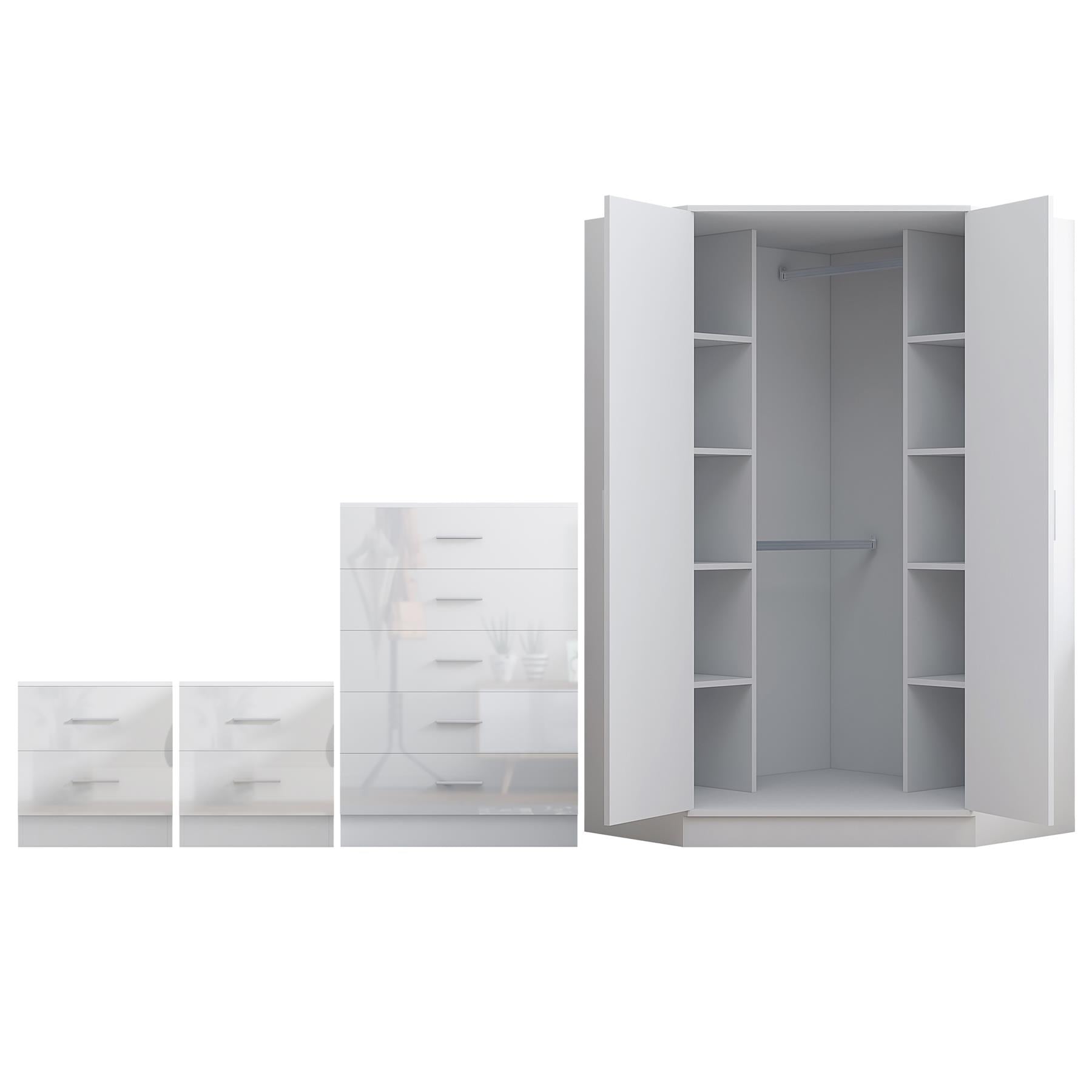 Reflect 2 Door Corner Wardrobe, 5 Drawer Chest, 2x 2 Drawer Bedsides - White Gloss & Matt White - Bedroom Furniture Set