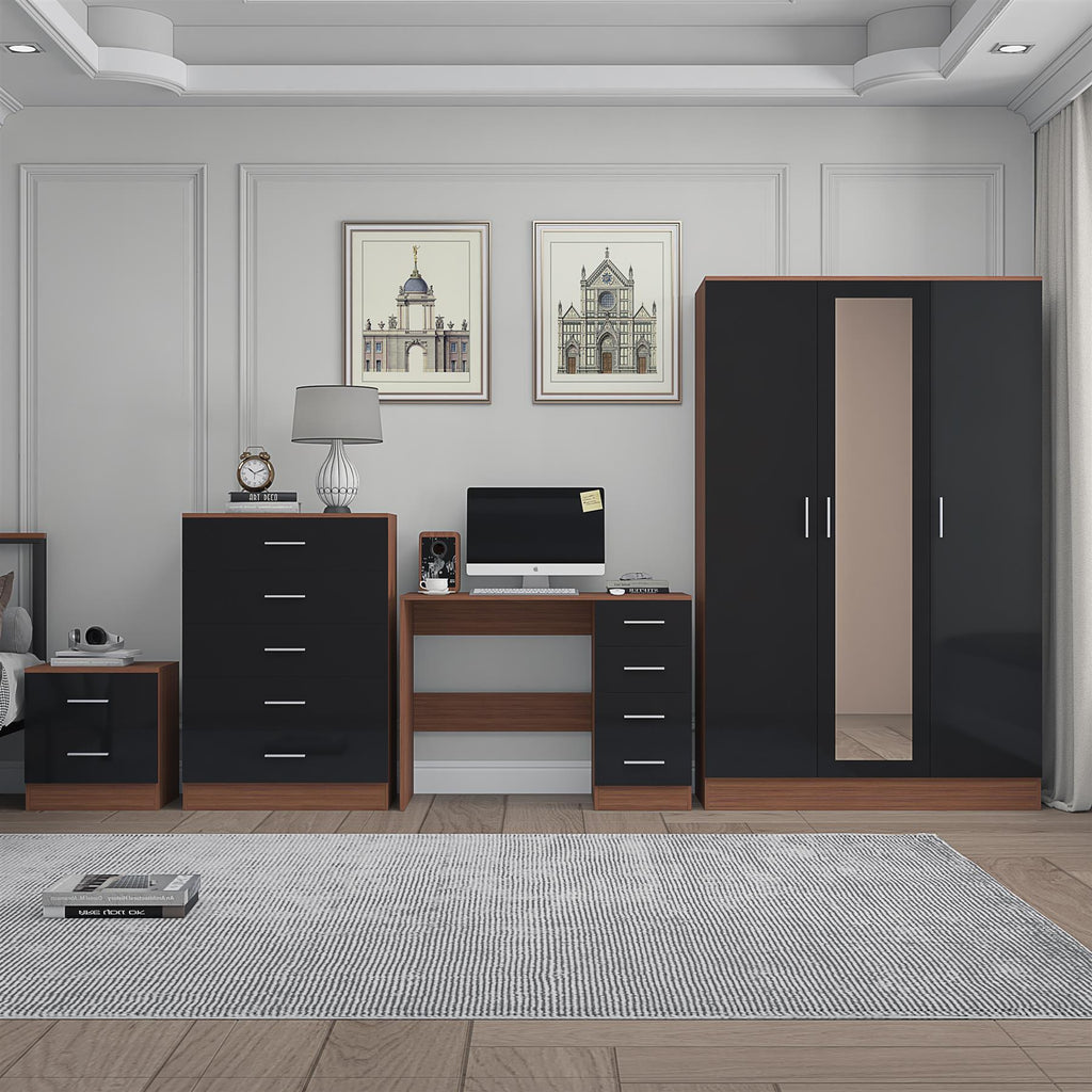 Reflect 3 Door Mirror Wardrobe, 5 Drawer Chest, 2 Drawer Bedside & Desk - Black Gloss & Walnut - Modern Bedroom Furniture Set