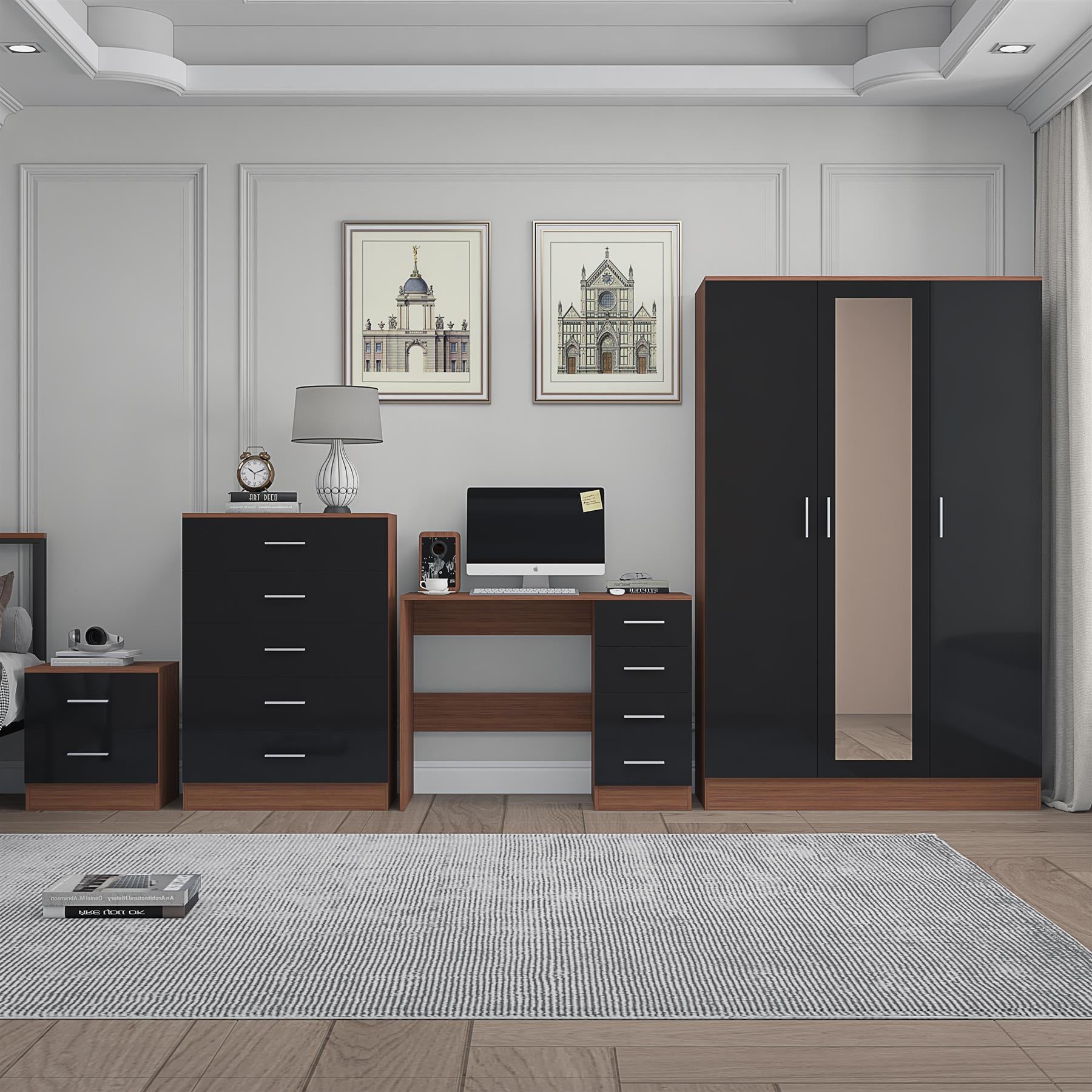 Reflect 3 Door Mirror Wardrobe, 5 Drawer Chest, 2 Drawer Bedside & Desk - Black Gloss & Walnut - Modern Bedroom Furniture Set