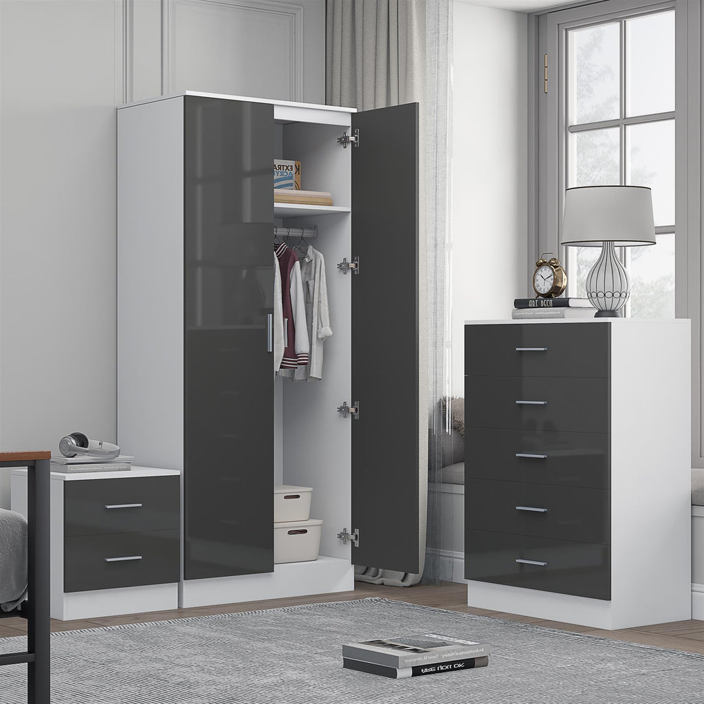 Reflect 2 Door Mirror Wardrobe, 5 Drawer Chest, 2 Drawer Bedside - Grey Gloss & Matt White - Modern Bedroom Furniture Set