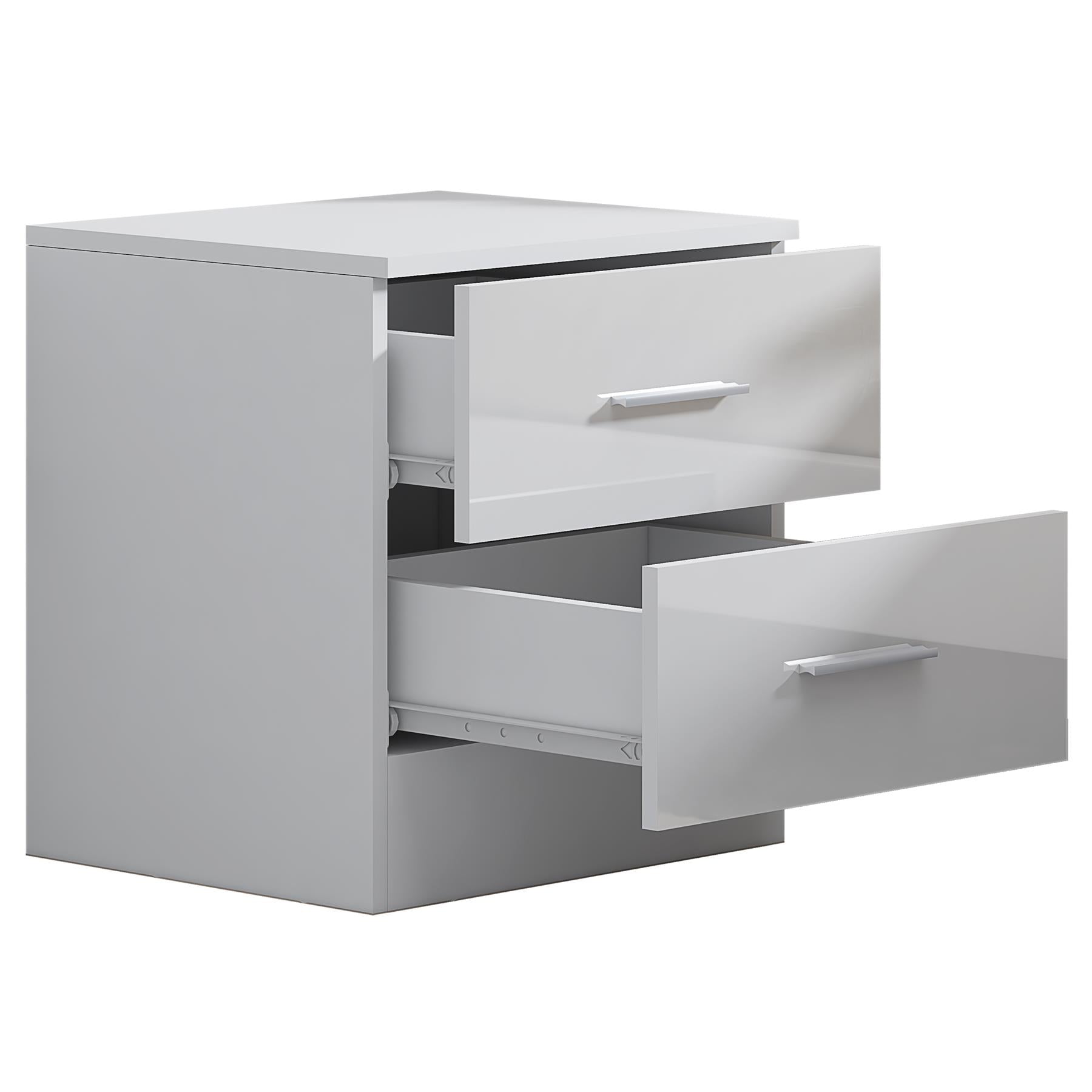 Reflect 2 Drawer Bedside - White Gloss & Matt White - Modern Nightstand for Bedroom Storage - H: 48.5cm x W: 45cm x D: 39.5cm