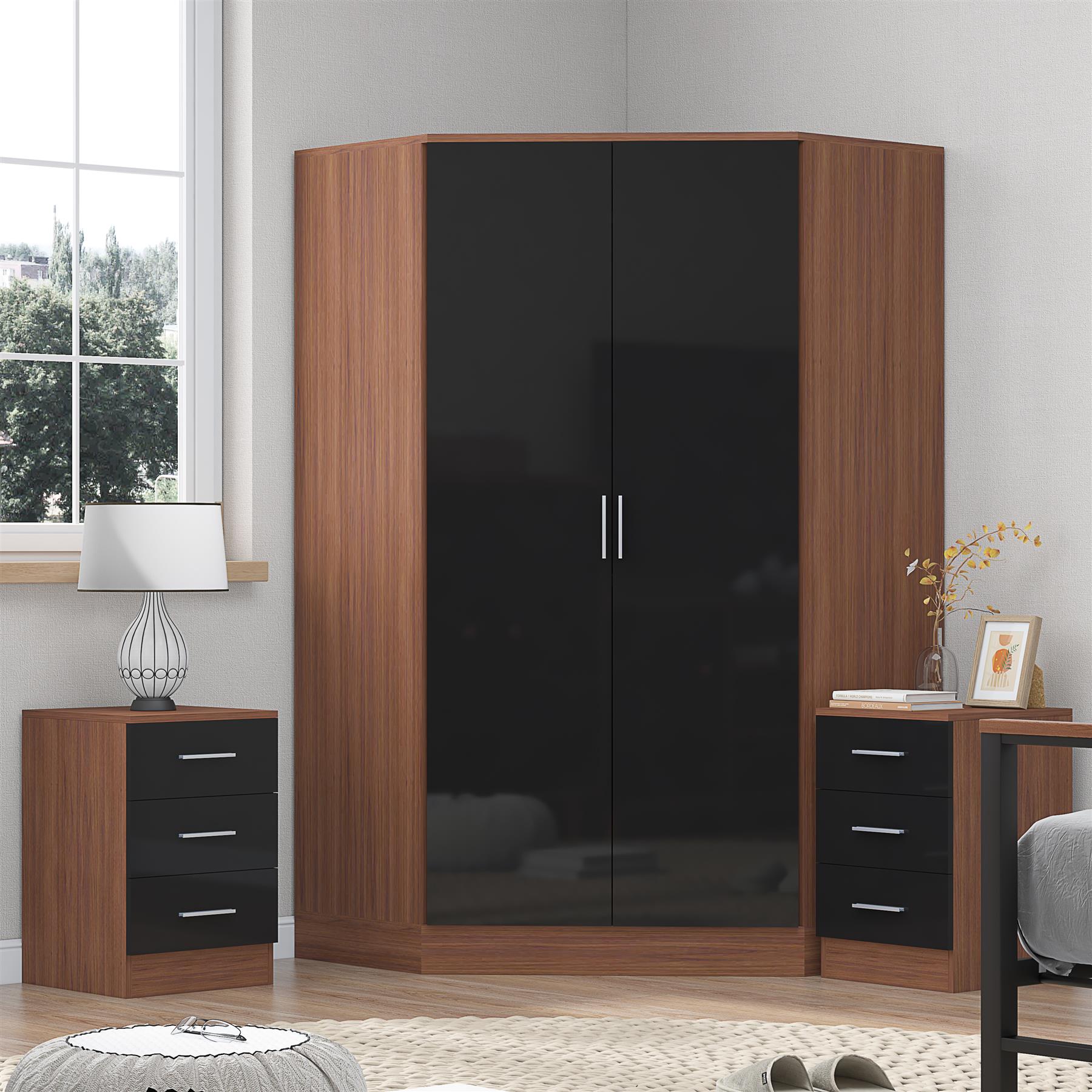 REFLECT - 2 Door CORNER + 2x 3 Drawer Bedside - Gloss Black / Matt Walnut