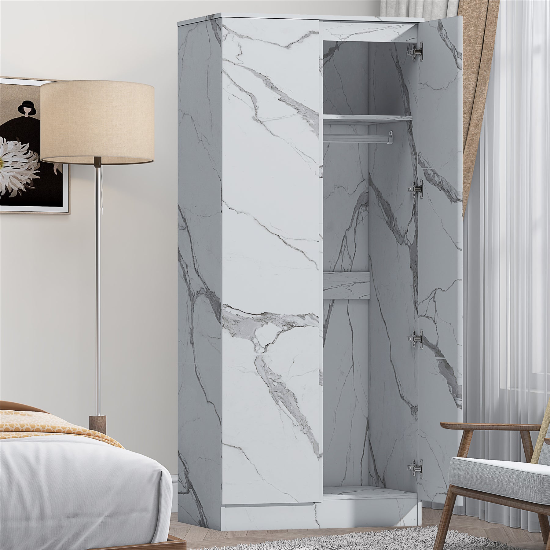 ZITA Bedroom Furniture 2 Door Wardrobe in White OR Grey Marble Colour Option