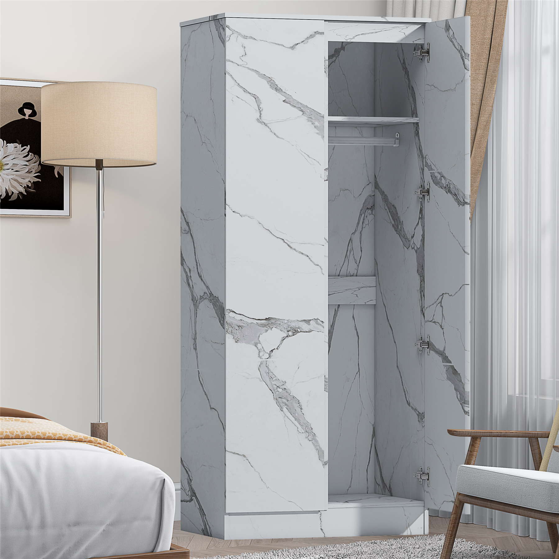 ZITA Bedroom Furniture Wardrobe Chest Bedside in White OR Grey Marble Colour