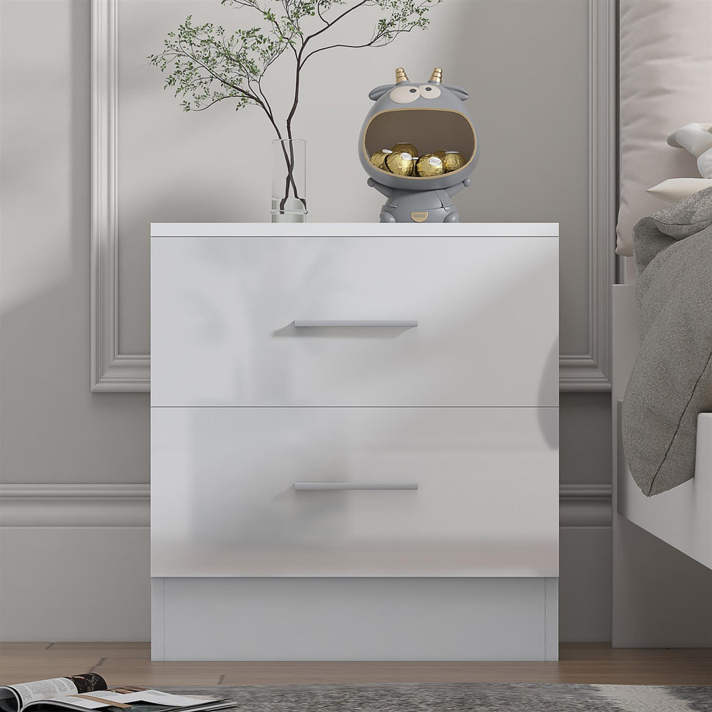 Reflect 2 Drawer Bedside - White Gloss & Matt White - Modern Nightstand for Bedroom Storage - H: 48.5cm x W: 45cm x D: 39.5cm