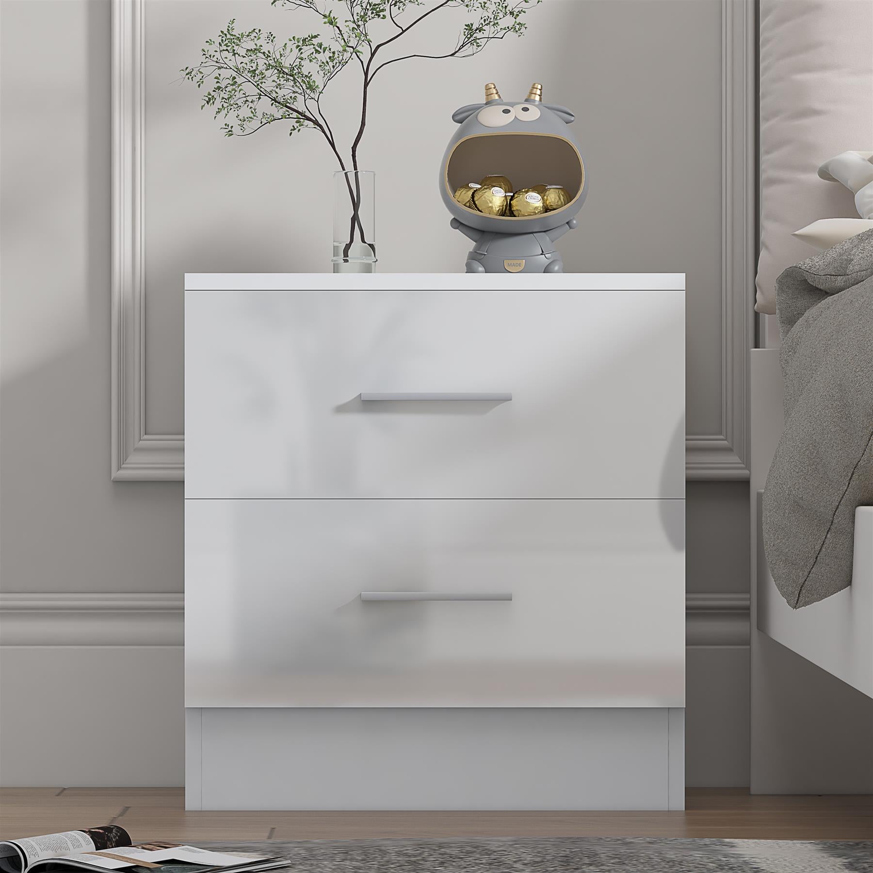Reflect 2 Drawer Bedside - White Gloss & Matt White - Modern Nightstand for Bedroom Storage - H: 48.5cm x W: 45cm x D: 39.5cm