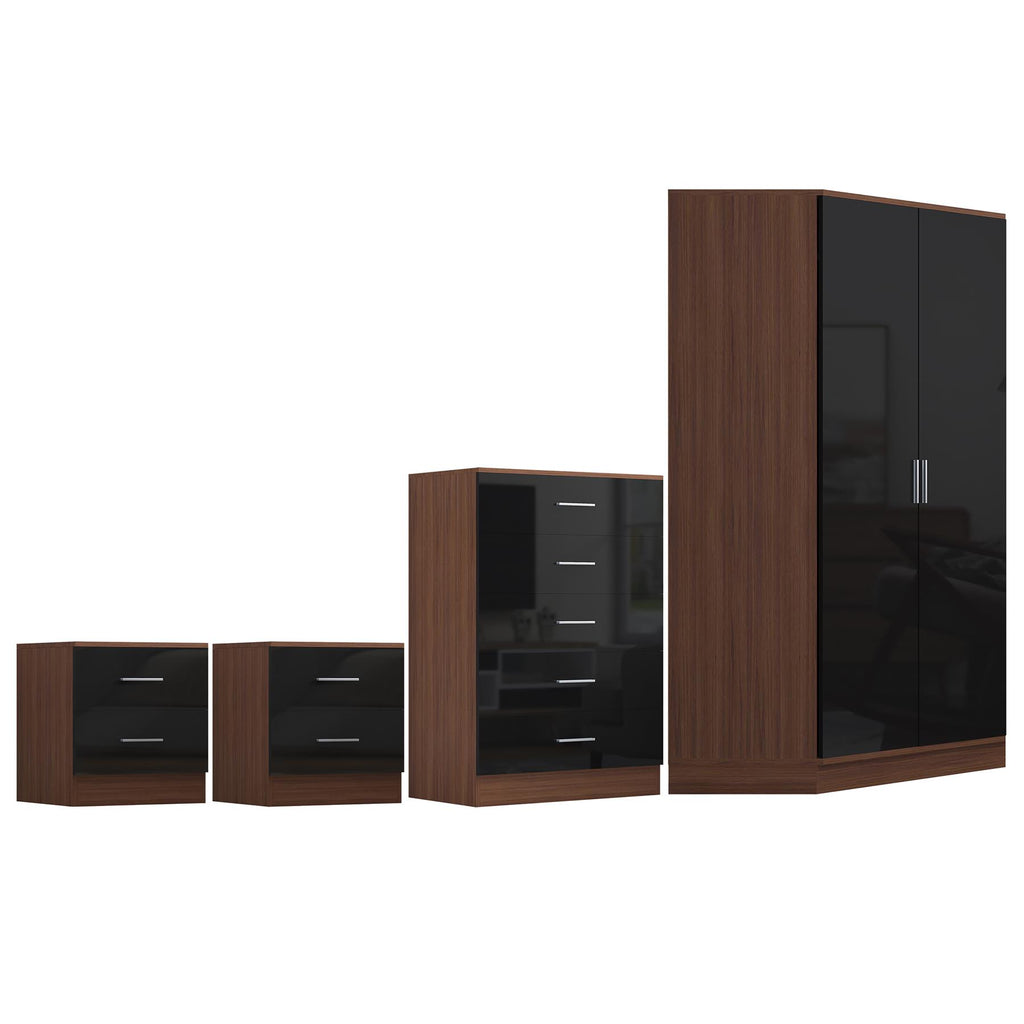 Reflect 2 Door Corner Wardrobe, 5 Drawer Chest, 2x 2 Drawer Bedsides - Black Gloss & Walnut - Bedroom Furniture Set
