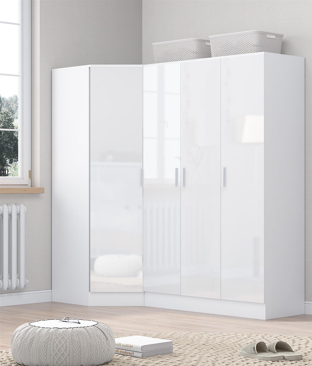 REFLECT - 1 Door Corner + 3 Door Plain Wardrobe in Gloss White / Matt White