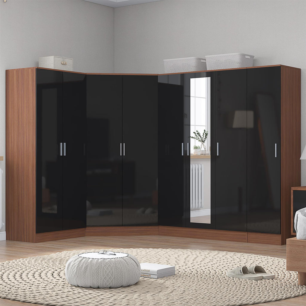 Reflect 4pc Wardrobe Bundle - 2 Door Corner + 3 Door Mirror + 2dr + 1dr Plain - Black Gloss & Walnut