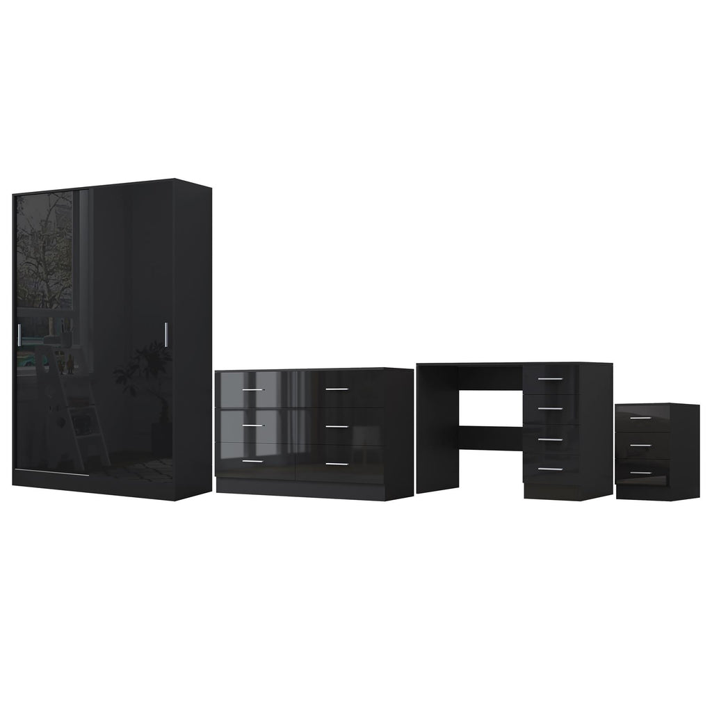 REFLECT Gloss 4pc Set - 2 Door Sliding Wardrobe + Wide Chest + Bedside + Desk