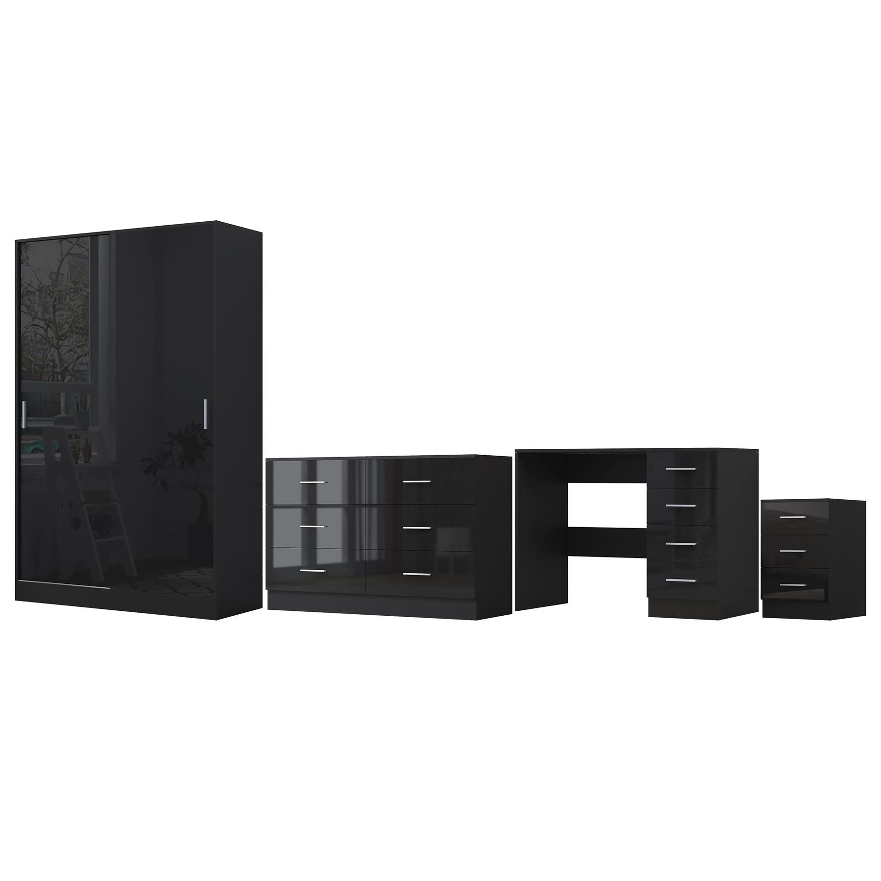 REFLECT Gloss 4pc Set - 2 Door Sliding Wardrobe + Wide Chest + Bedside + Desk