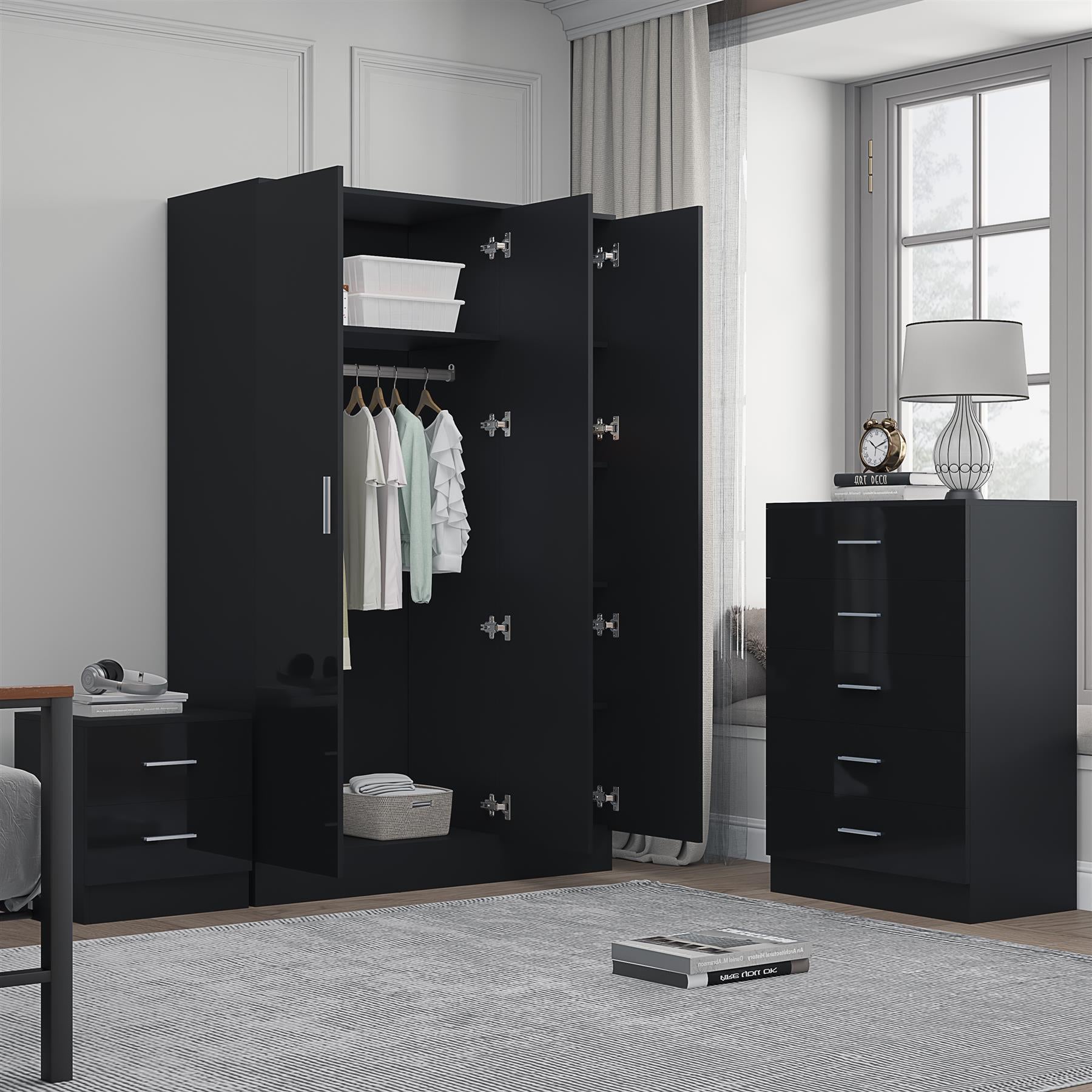 REFLECT Gloss 3pc Set - 3 Door Mirrored Wardrobe + 5 Draw Chest + Bedside