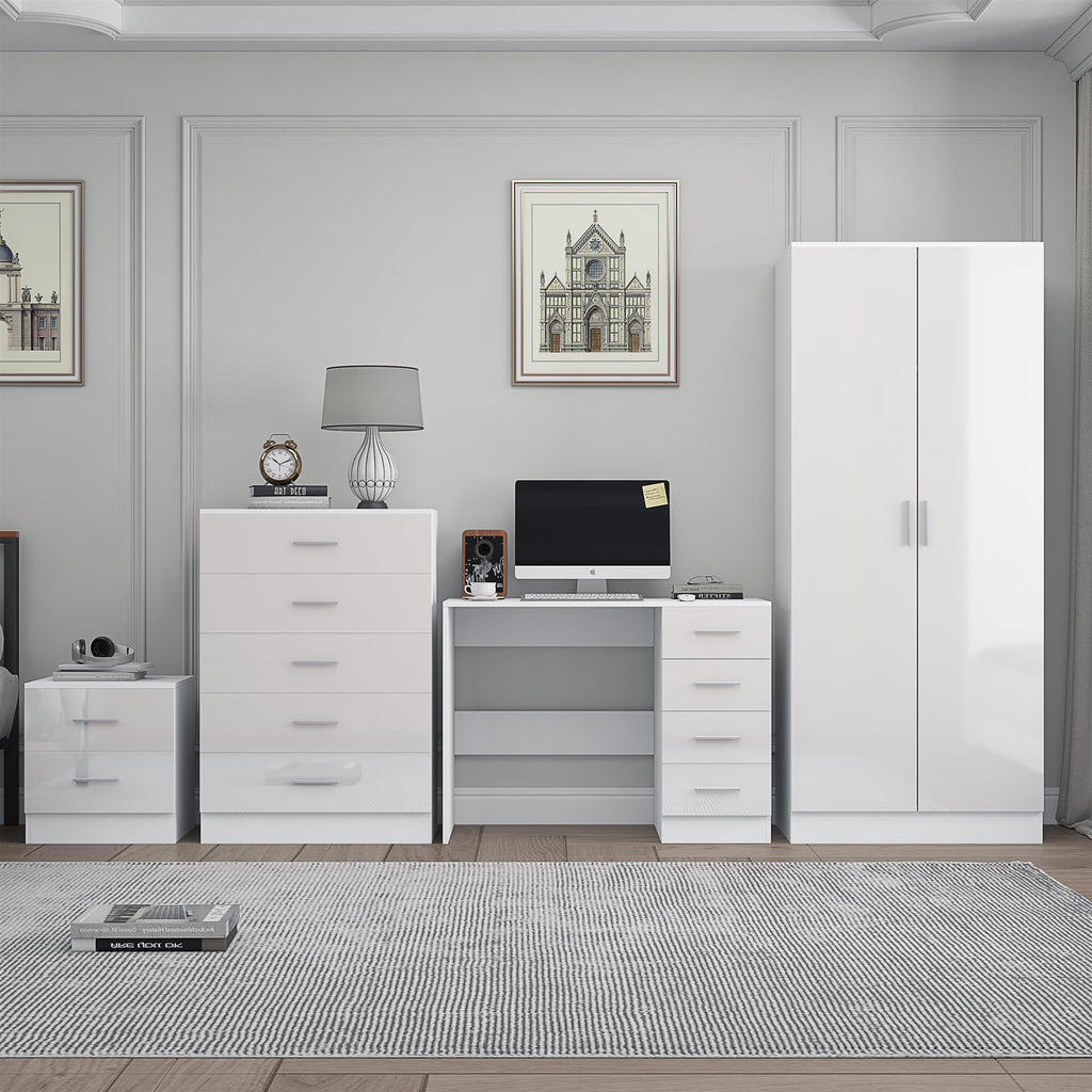 Reflect 2 Door Plain Wardrobe, 5 Drawer Chest, 2 Drawer Bedside & Desk - White Gloss & Matt White - Modern Bedroom Furniture Set