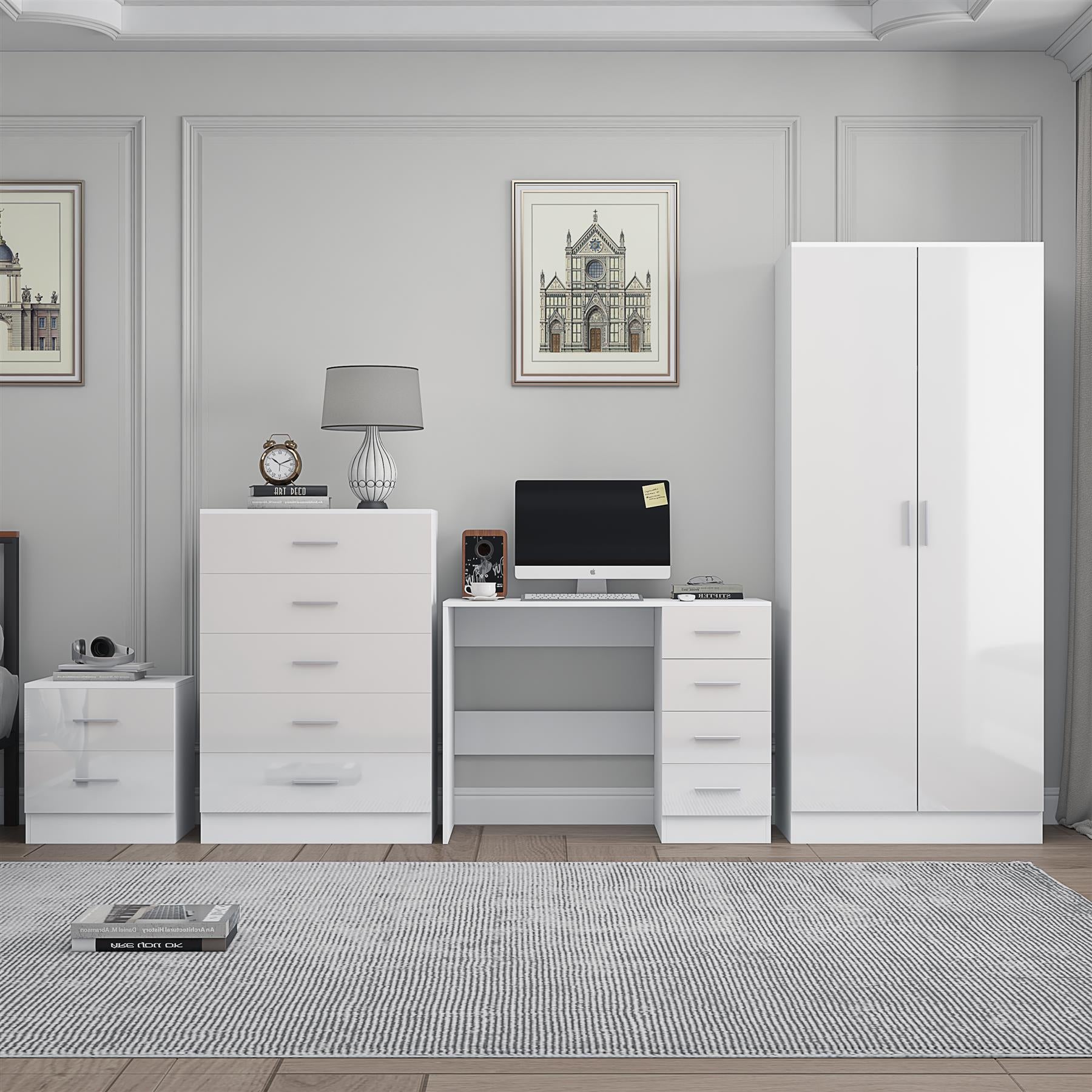 Reflect 2 Door Plain Wardrobe, 5 Drawer Chest, 2 Drawer Bedside & Desk - White Gloss & Matt White - Modern Bedroom Furniture Set