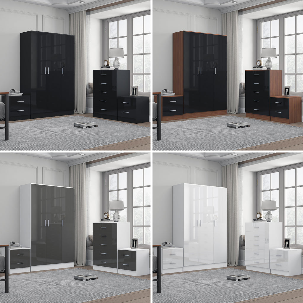 REFLECT Gloss 4pc Bedroom Set - 3 Door Wardrobe + 5 Draw Chest + 2 Bedsides