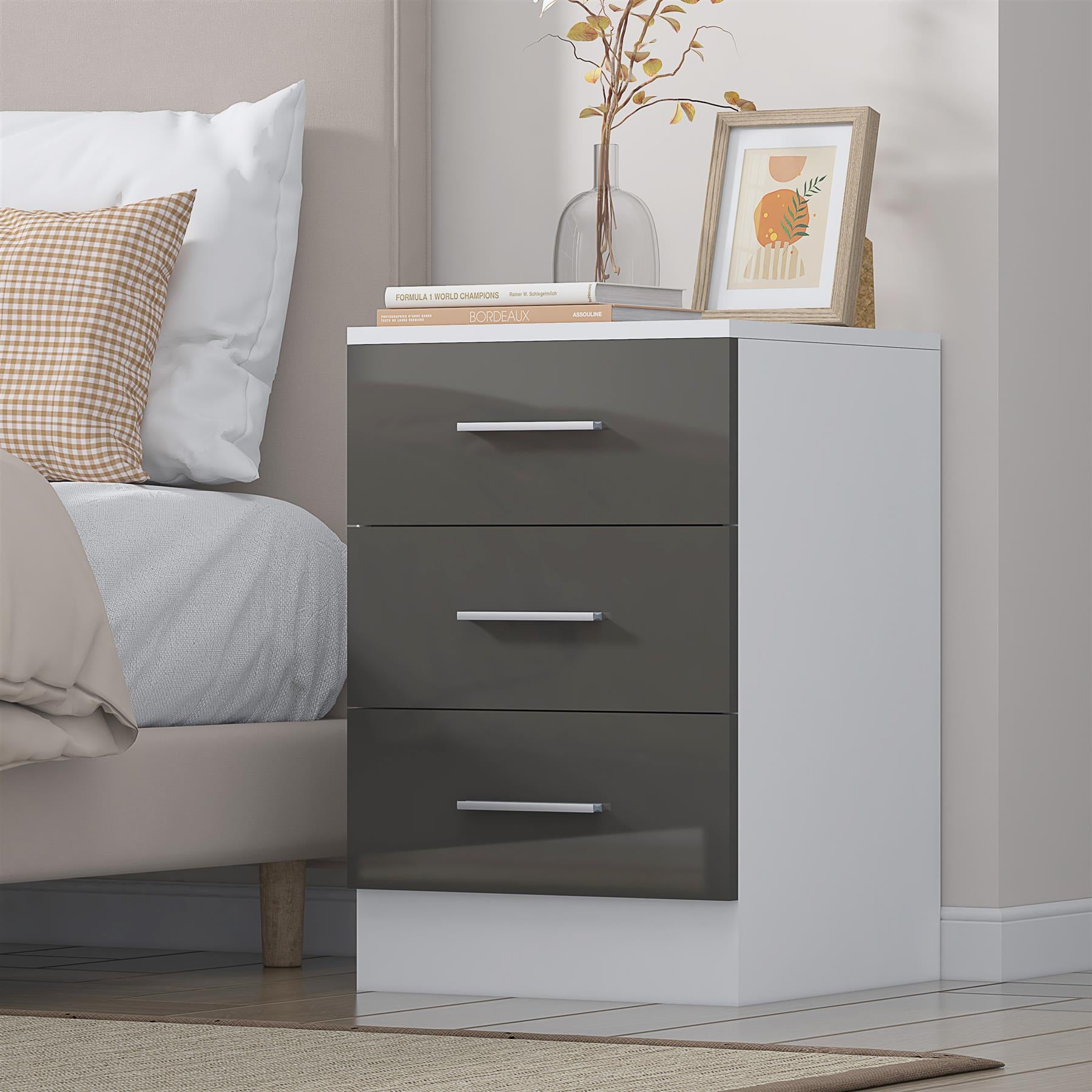 Reflect 3 Drawer Bedside - Grey Gloss & Matt White - Modern Nightstand for Bedroom Storage - H: 59.5cm x W: 39.5cm x D: 38cm