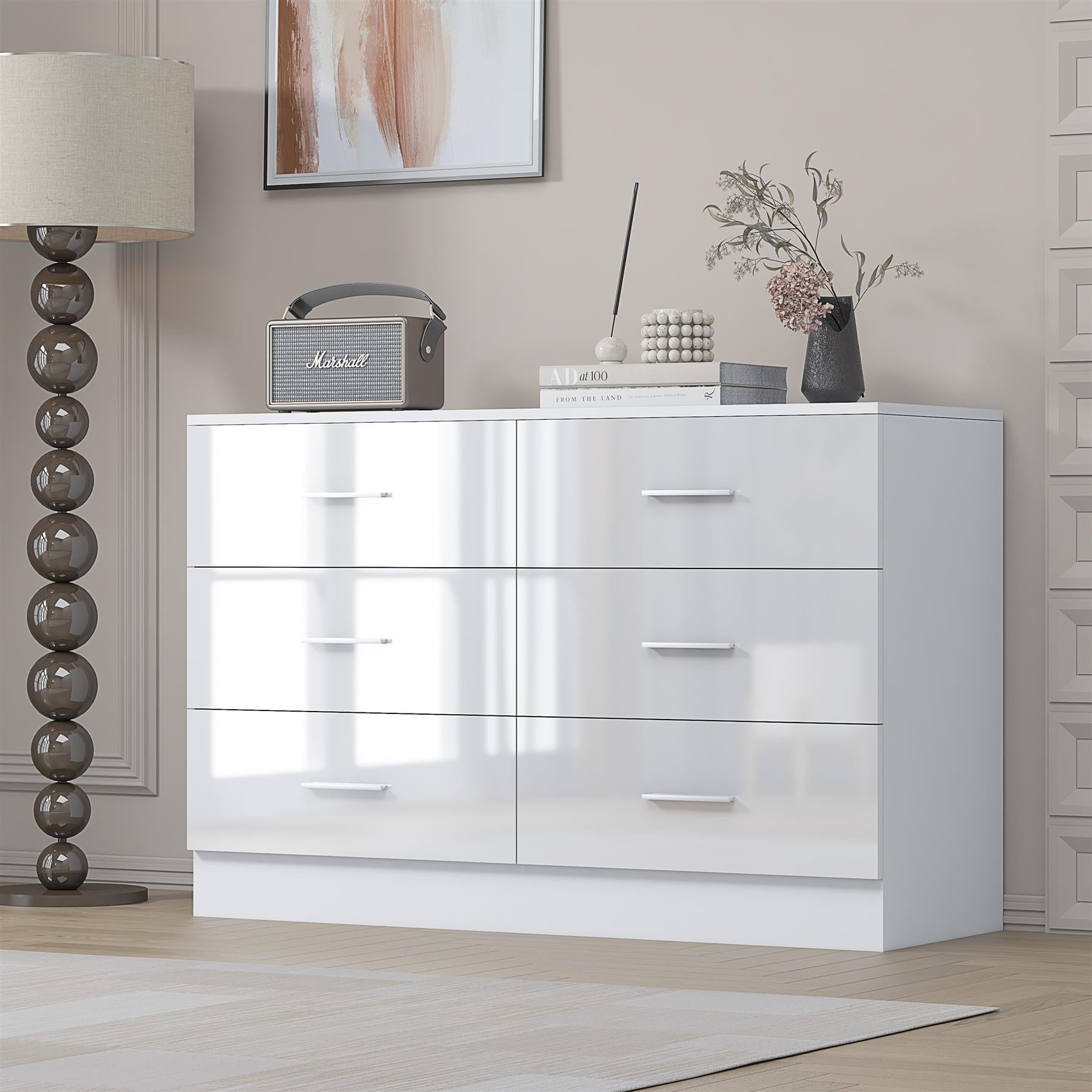 REFLECT Gloss Bedroom Furniture Wide 6 Drawer Chest of Drawers - 4 Colour Option