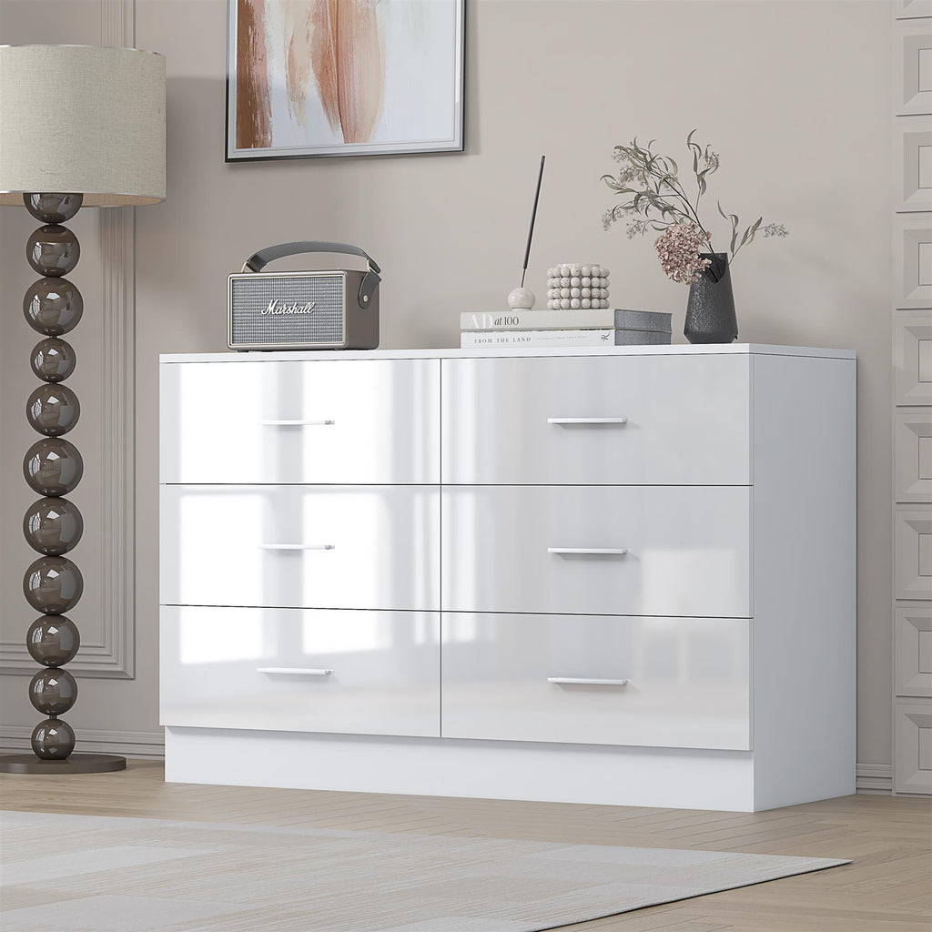 Reflect Wide 6 Drawer Chest - White Gloss & Matt White - Modern Bedroom Storage Unit with Drawers - H: 75cm x W: 112cm x D: 40cm