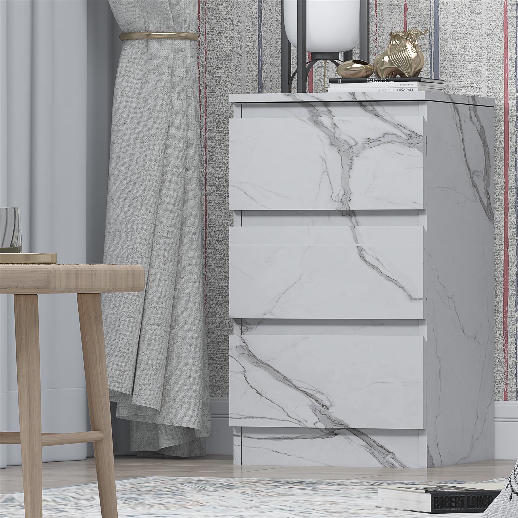ZITA 3 Drawer Bedside White Marble Effect - Modern Nightstand