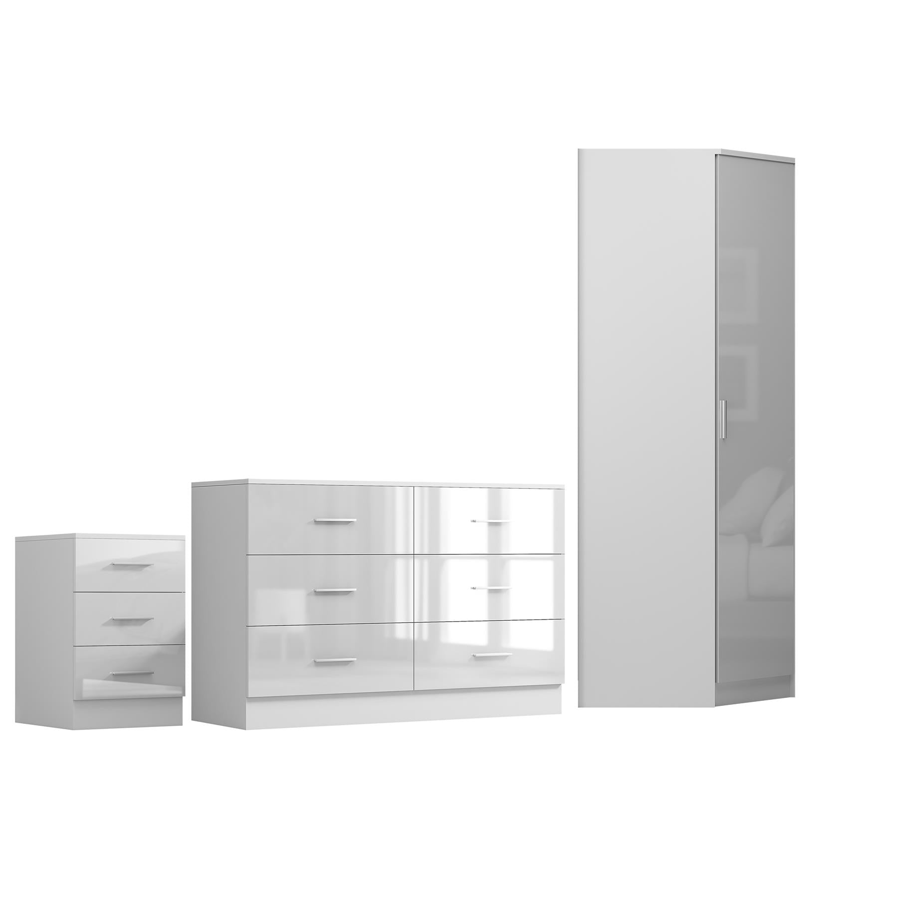 REFLECT - 1 Door Corner + 6 Drawer Chest + 3 Drawer Bedside in Gloss White / Matt White
