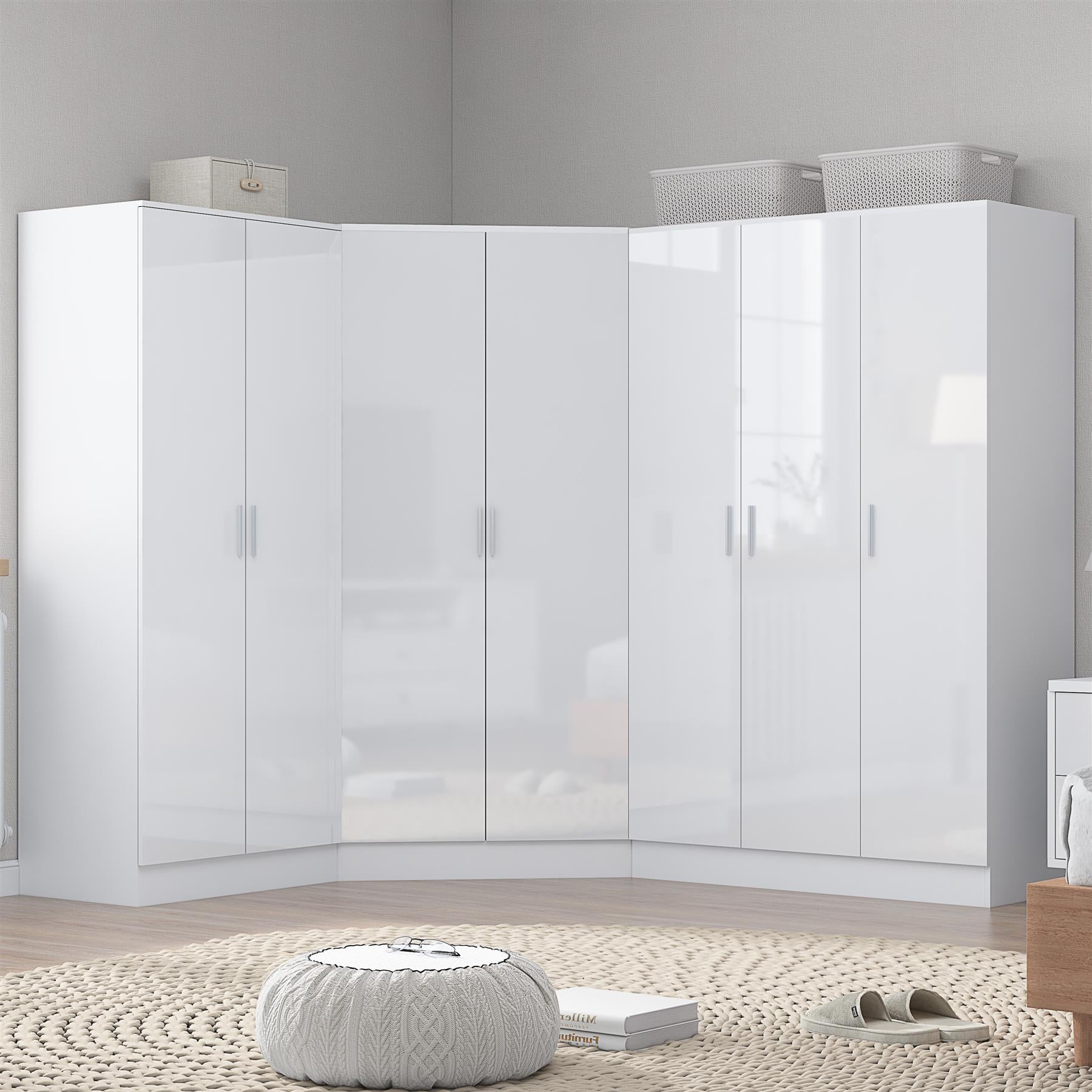 Reflect 4pc Wardrobe Bundle - 2 Door Corner + 3 Door Plain + 2 Door Plain - White Gloss & Matt White