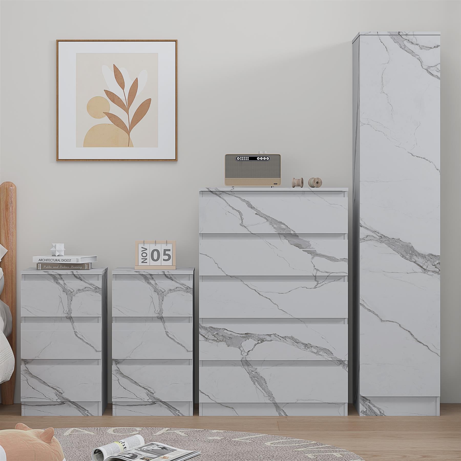 ZITA 3/4pc Bedroom Furniture Sets Wardrobe Chest Bedside - White OR Grey Marble