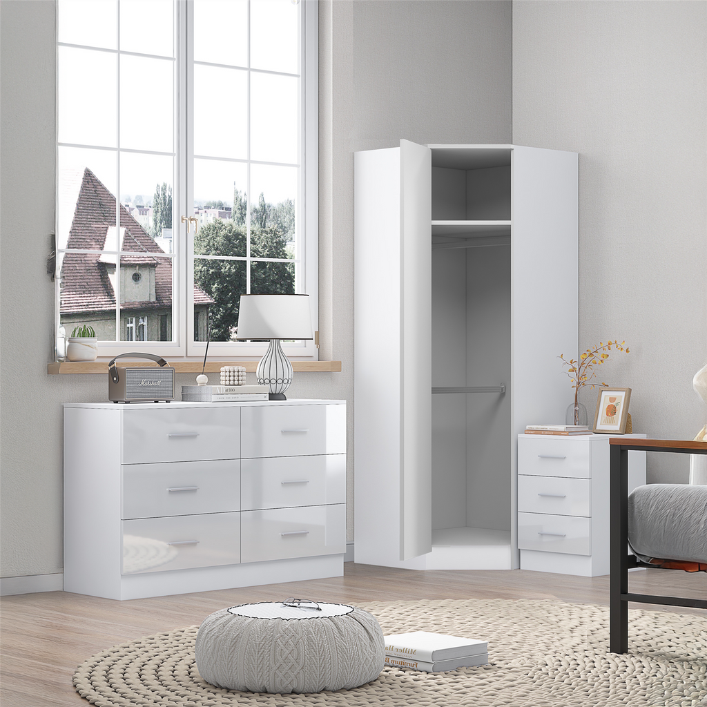 REFLECT - 1 Door Corner + 6 Drawer Chest + 3 Drawer Bedside in Gloss White / Matt White