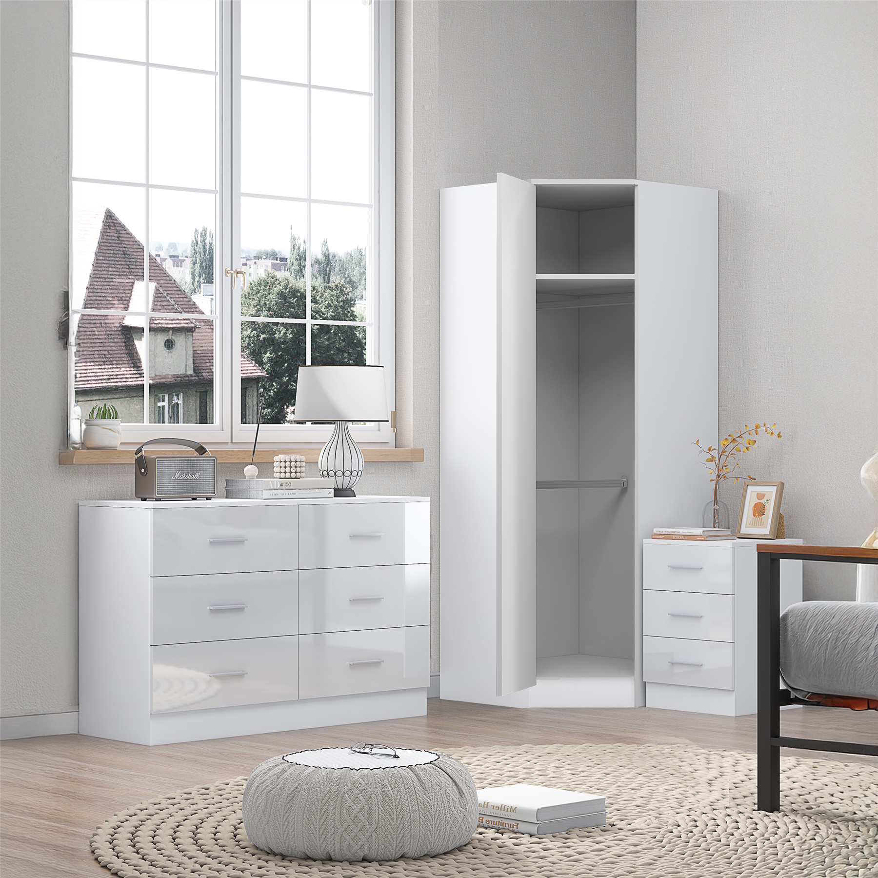 REFLECT - 1 Door Corner + 6 Drawer Chest + 3 Drawer Bedside in Gloss White / Matt White