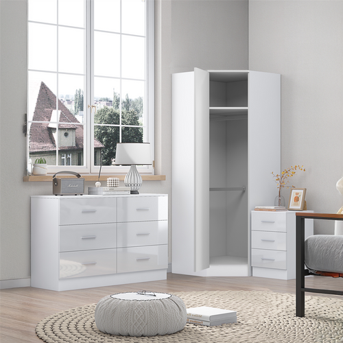 REFLECT - 1 Door Corner + 6 Drawer Chest + 3 Drawer Bedside in Gloss White / Matt White