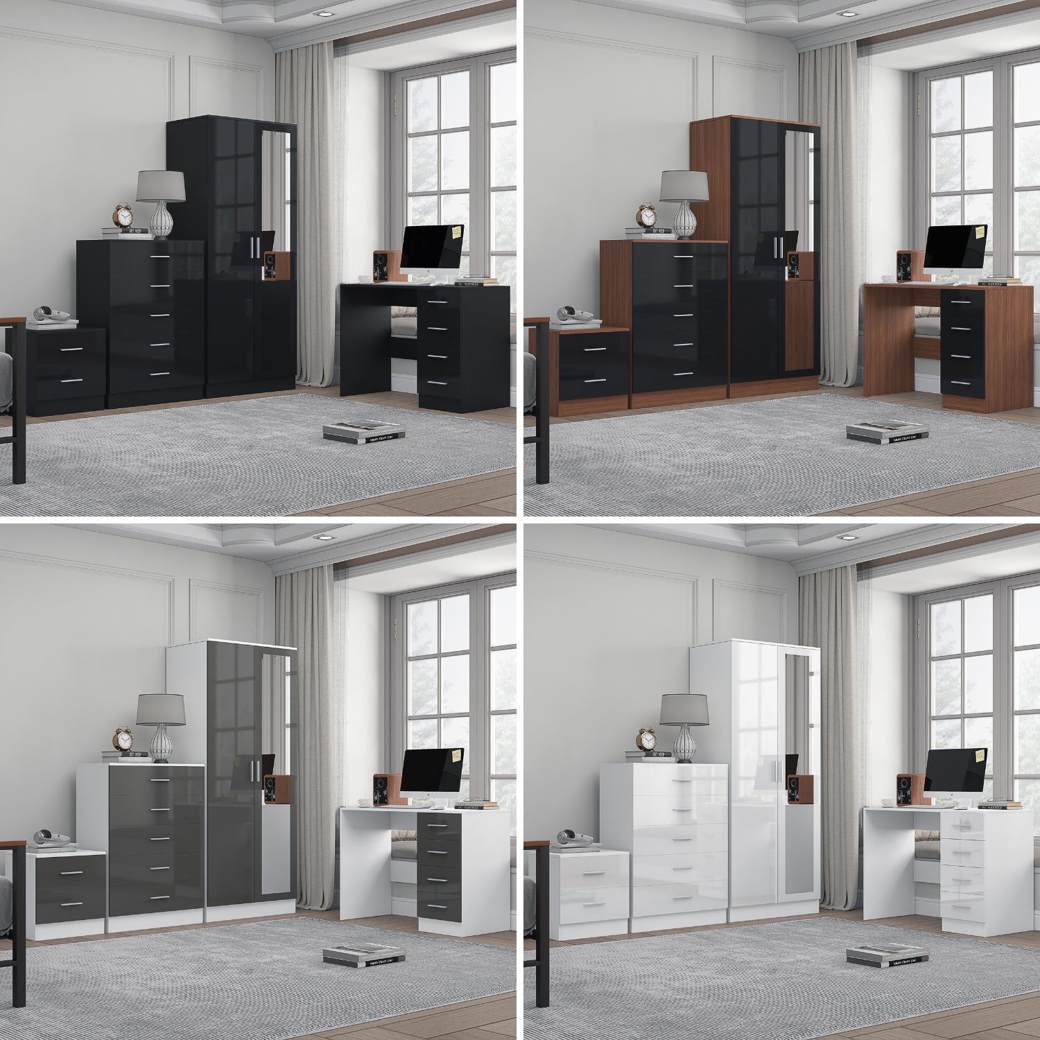 REFLECT Gloss 4pc Set - 2 Door Mirrored Wardrobe + 5 Draw Chest + Bedside + Desk