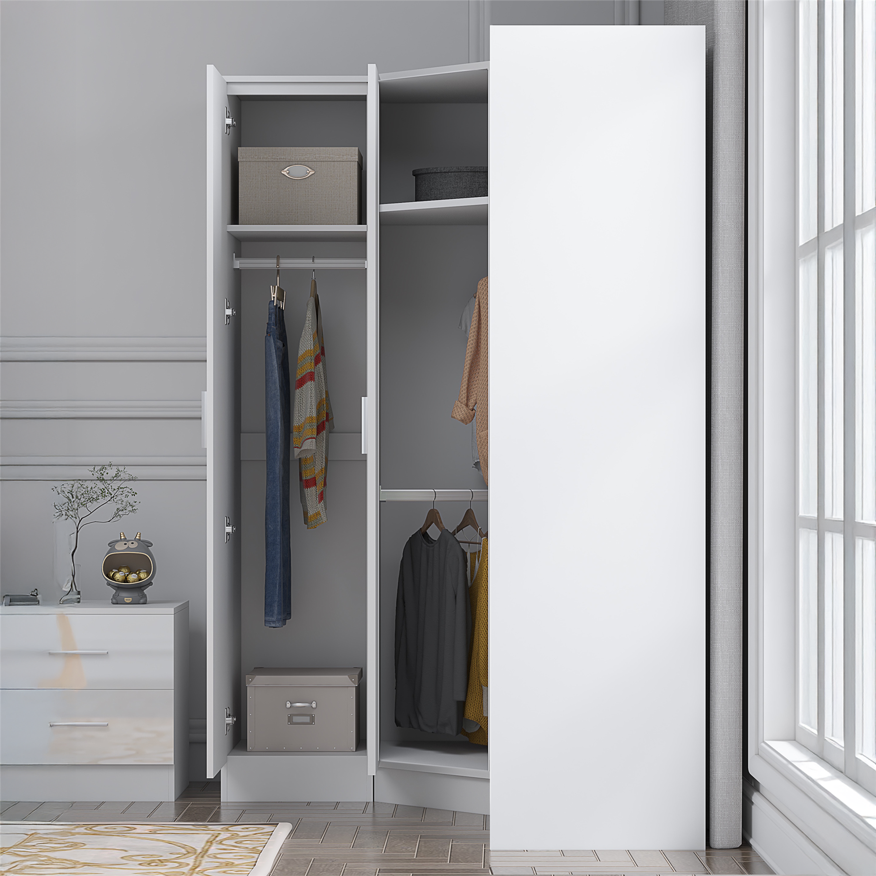 REFLECT - 1 Door Corner + 1 Door Plain Wardrobe in Gloss White / Matt White