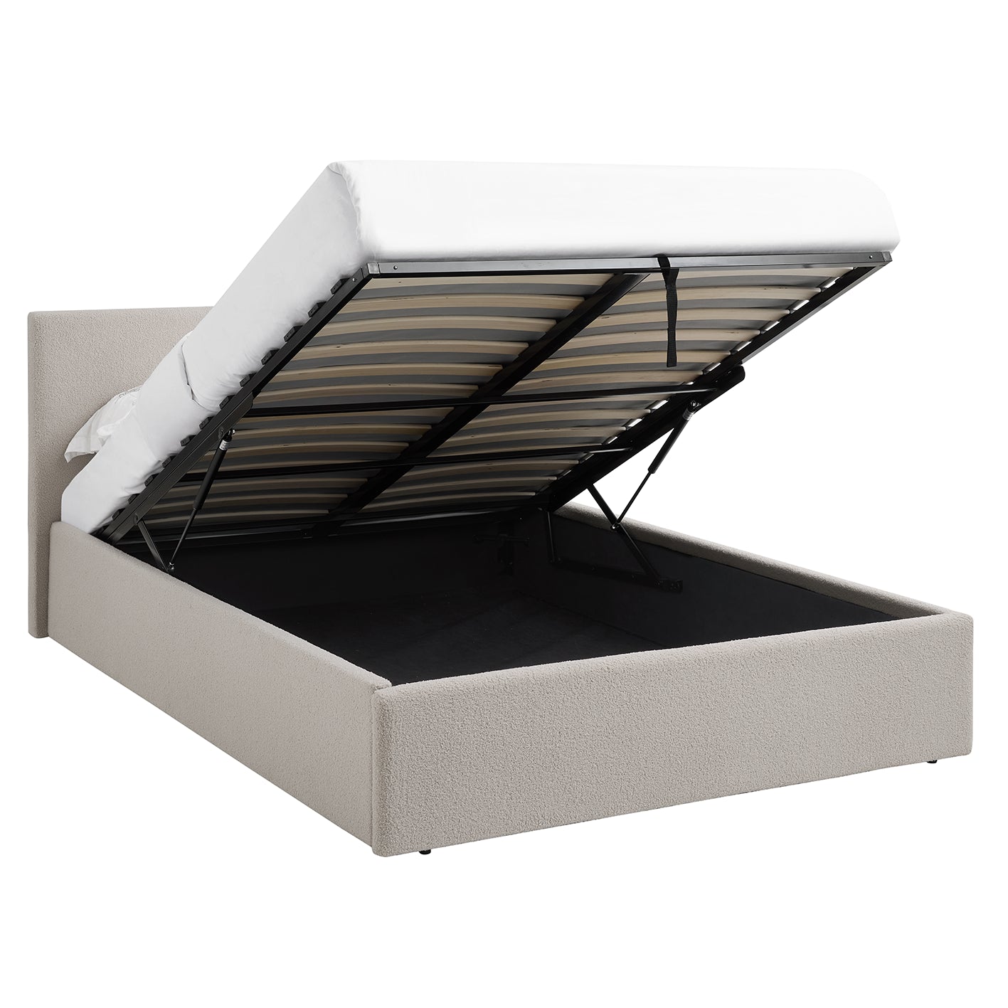 TEDDY BOUCLE 4FT Small Double Beige Ottoman Storage Bed Gas Lift Up - (L) 203cm x (W) 138cm with Memory Foam & Spring Mattress