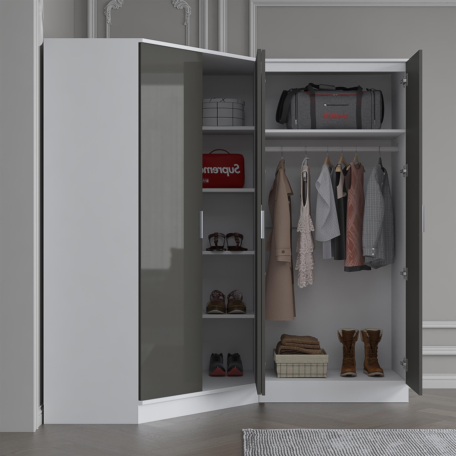 Reflect 2pc Wardrobe Bundle - 2 Door Corner + 2 Door Plain - Grey Gloss & Matt White - H: 180cm x W: 179cm x D: 103cm